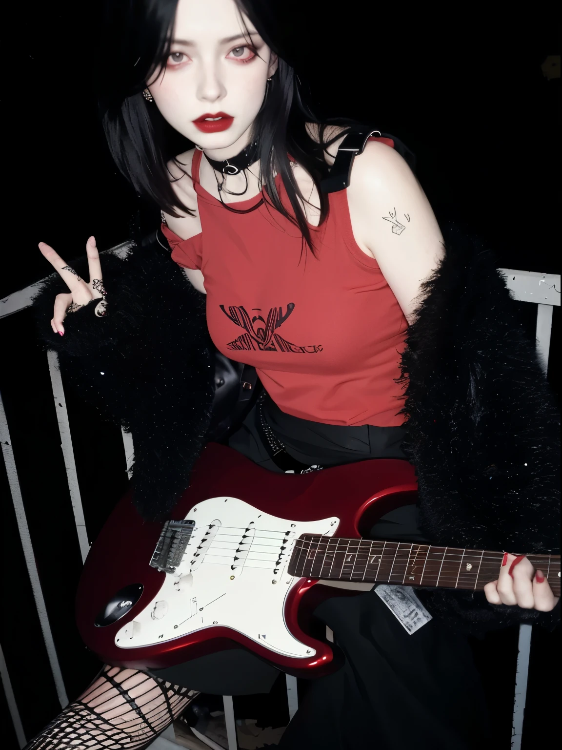 araffe girl with a red shirt and black jacket holding a guitar, photo from a promo shoot, dreamy rock girl, darkwave goth aesthetic, gothcore, goth girl, very pale skin, promo shot, cynthwave, 1 7 - year - old goth girl, taken with a pentax k1000, very very very pale skin, holding guitars