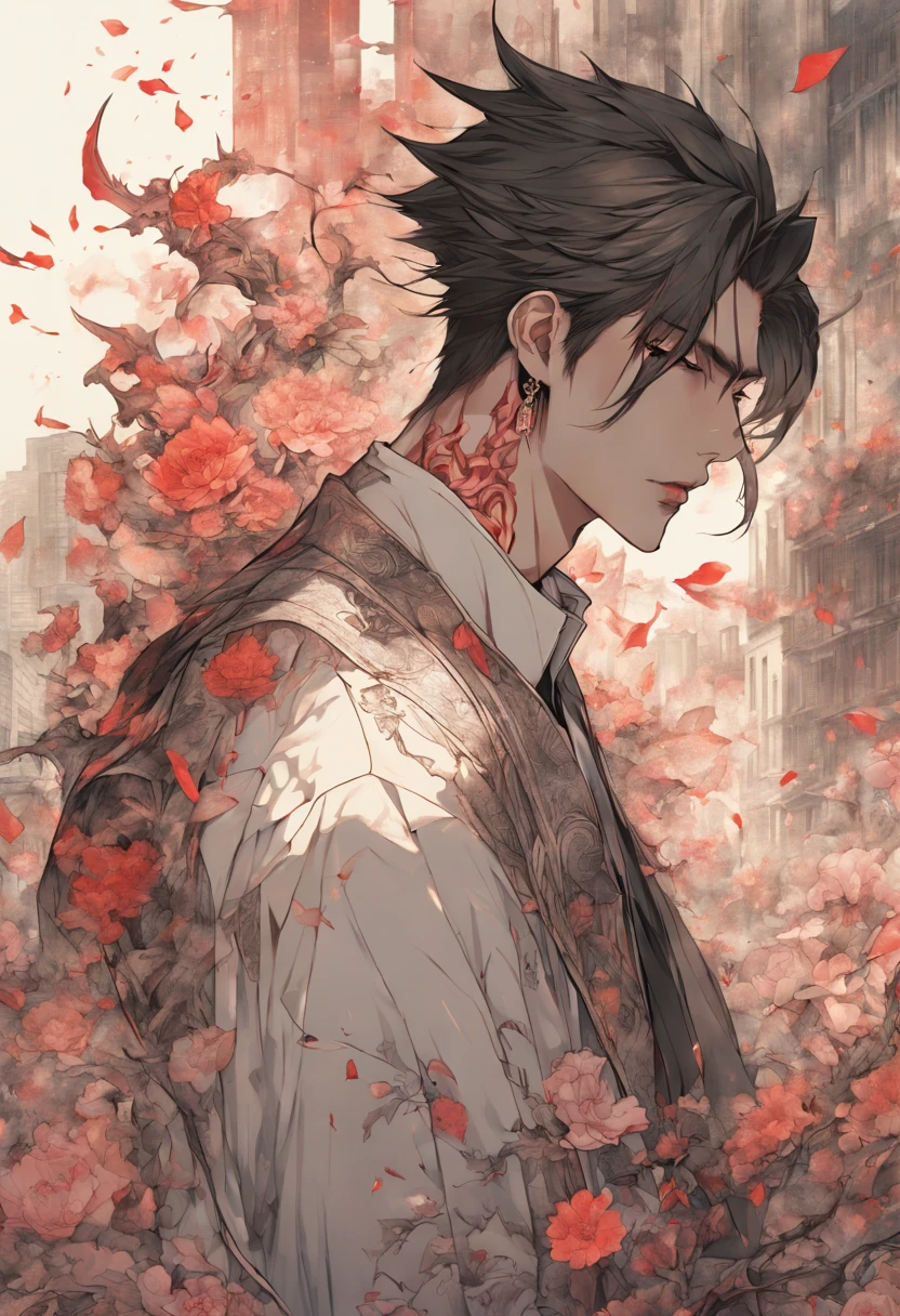 (Handsome young man), beautiful demon, bloody petals, complex light, pastel colours, Xianxia modern,, (((Detailed drawing))), against the backdrop of the city