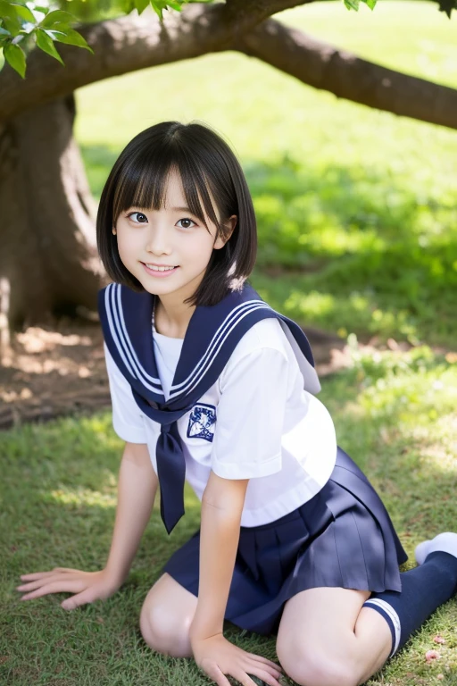 (((masterpiece))), (((Full body photo))), (One beautiful Japan girl, classmates, landscape and innocence,kawaii) ,超A high resolution, Realistic, ultra-detailliert, 8K,top-quality, Extremely detailed, Detailed background,A slender,very beautiful japanese girl, Detailed face:1.3), (Bery short hair,A dark-haired :1.4), (a baby face,kawaii系,adorable 14 year old girl), (Perfect body:1.1), (Neat sailor suit,Dark blue mini skirt、Dark blue high socks、lowfers), Sitting on the lawn in the park,Provocative smile,Please show me your beautiful teeth,Focus on the crotch,The skirt is rolled up、Panties are visible,Underwear is sheer,rosy cheeks,Super Detailed Face、Detailed lips、A detailed eye、small gravure idol,Transparent skin、Lori,japanese hight school uniform,Shade,Under a big tree,电影灯光