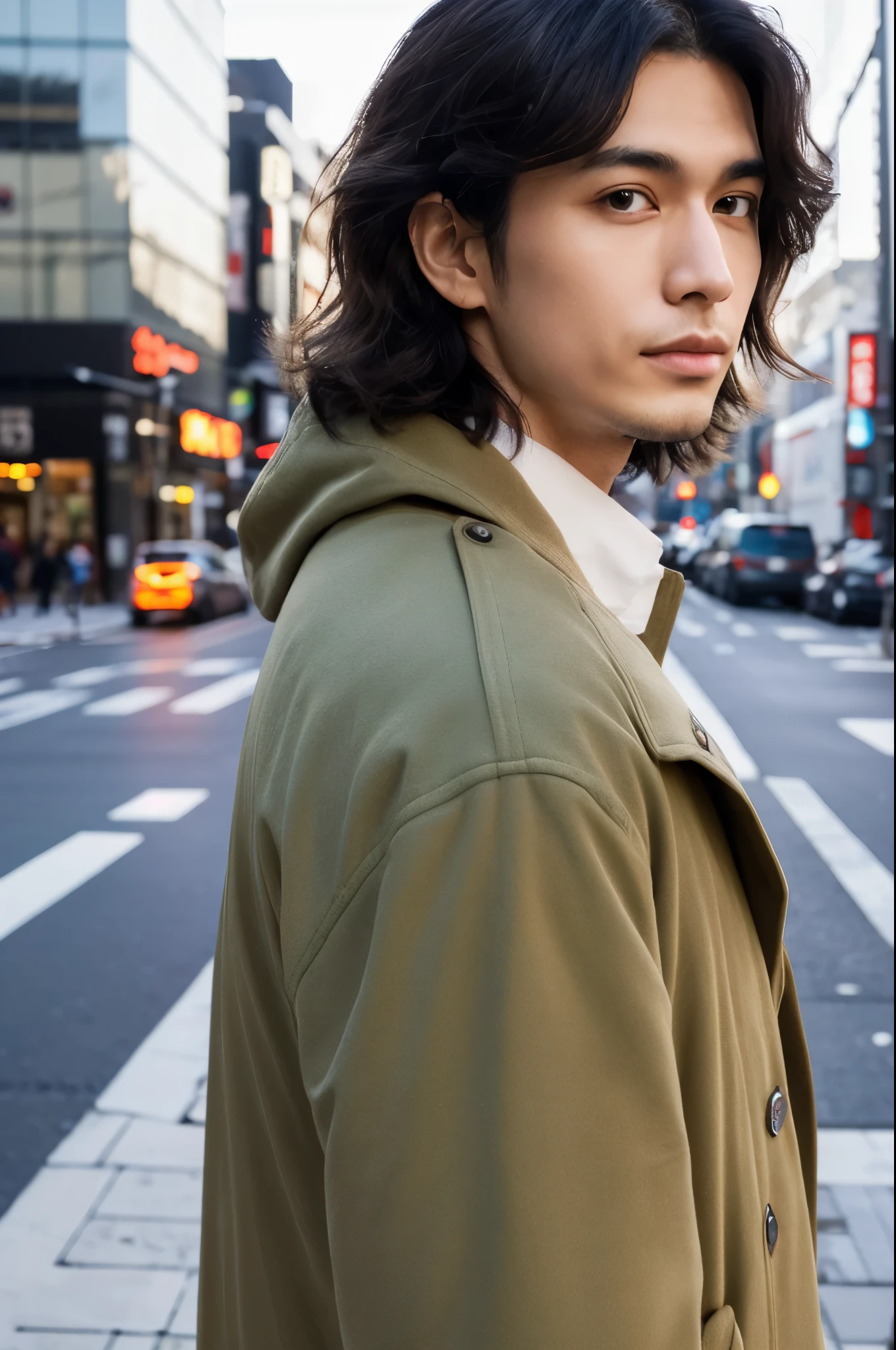 Photorealsitic, 8K full body poster, a handsome, japanes, a 25-year-old man, A charming expression, detailed face details, TOKYOcty, Winters, Shibuya in the background