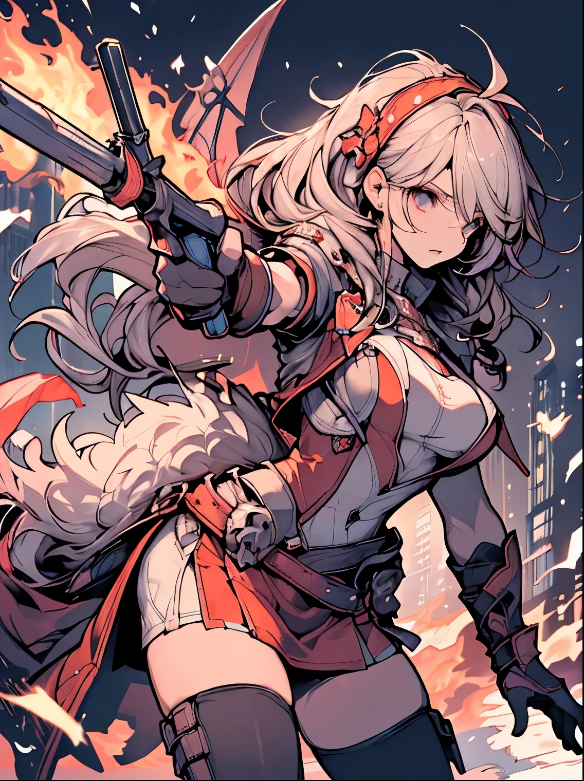 best qualtiy, 超A high resolution, detail portrayal, Beautuful Women, large full breasts, female warrior fighting a dragon, A city engulfed in flames,