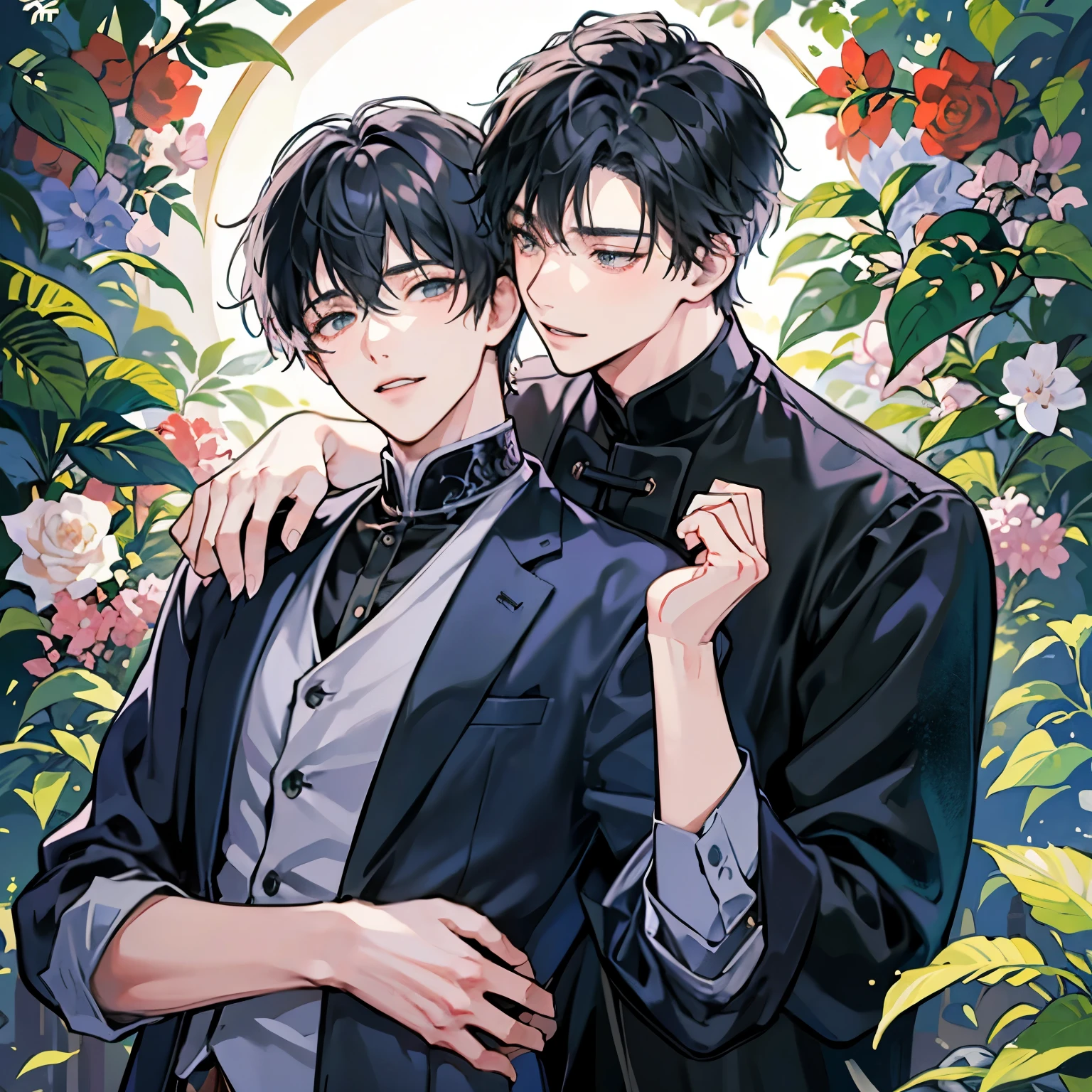 身長差のあるTwo men性、men and little men、Black-haired man、Man hugging each other、A detailed face、Happy expression on face、Lovers、Boys Love、make love、Two men