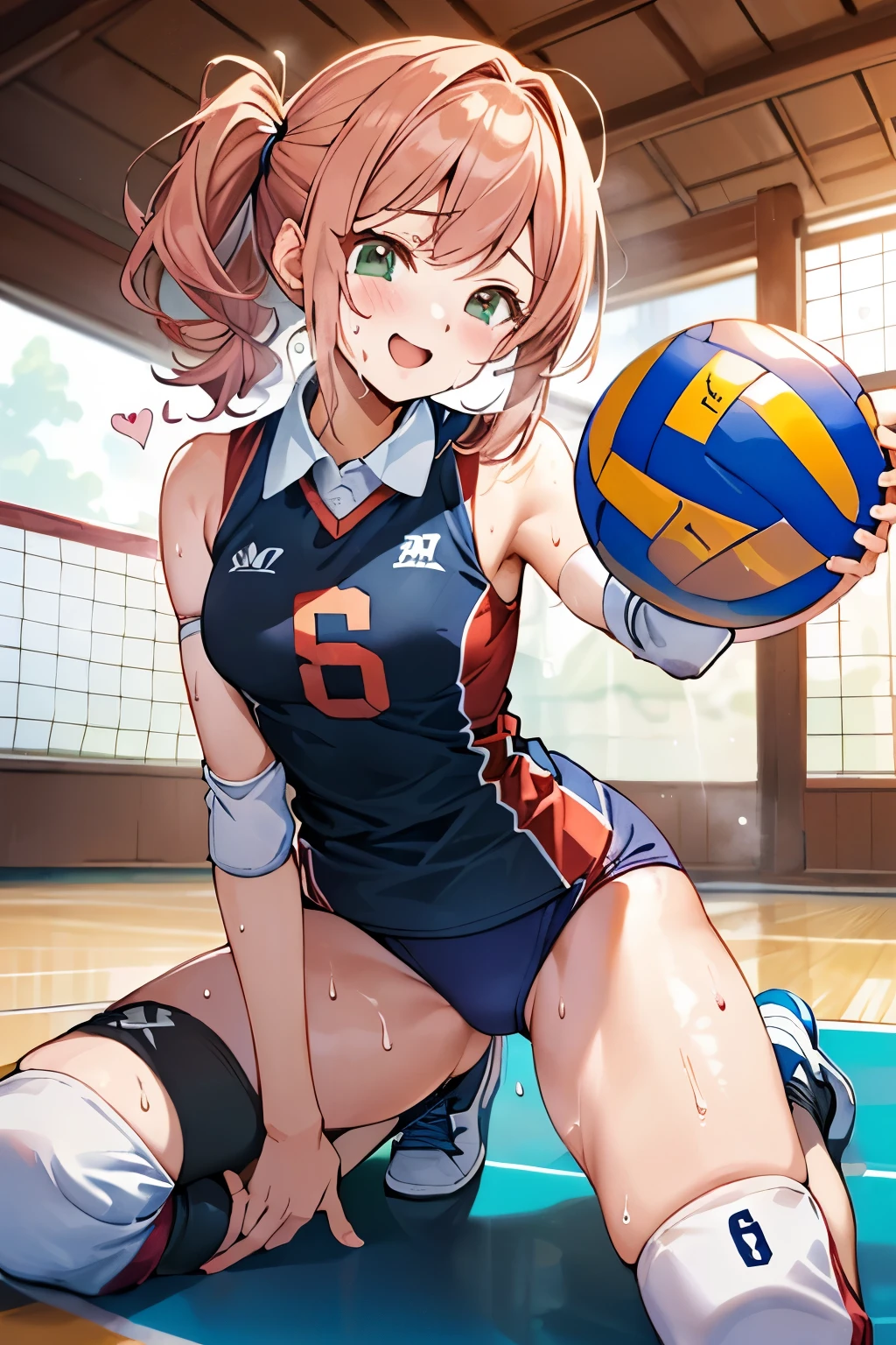 unity 8k wallpaper, anatomically correct, (((masterpiece))), (((best quality))), (((ultra detailed))), (((high-resolution))), ((super fine illustration)), ((Ultimate cutie)), ((perfect hands)), ((perfect finger)), (((good anatomy))), detailed beautiful face, shiny hair, (((gyaru))), (potbelly), (curvy), medium breasts, ((Thick thighs)), (((solo))), ((seductive smile)), (((blush))), (half open mouth),
BREAK, (((sit astride the spherical shape 6-inch volleyball))), (((straddling on the spherical shape 6-inch volleyball))), (((Put crotch right the spherical shape 6-inch volleyball))),
BREAK, (((Rub the spherical shape 6-inch volleyball against crotch)))),
BREAK, (Collared volleyball uniforms), sleeveless, ((buruma)), ((kneepad)), (elbow pad), (((sweat))), (((covered in sweat))), ((deep breathing)), in Volleyball Court, indoor, lighting, looking at viewer, full body, (spoken heart)