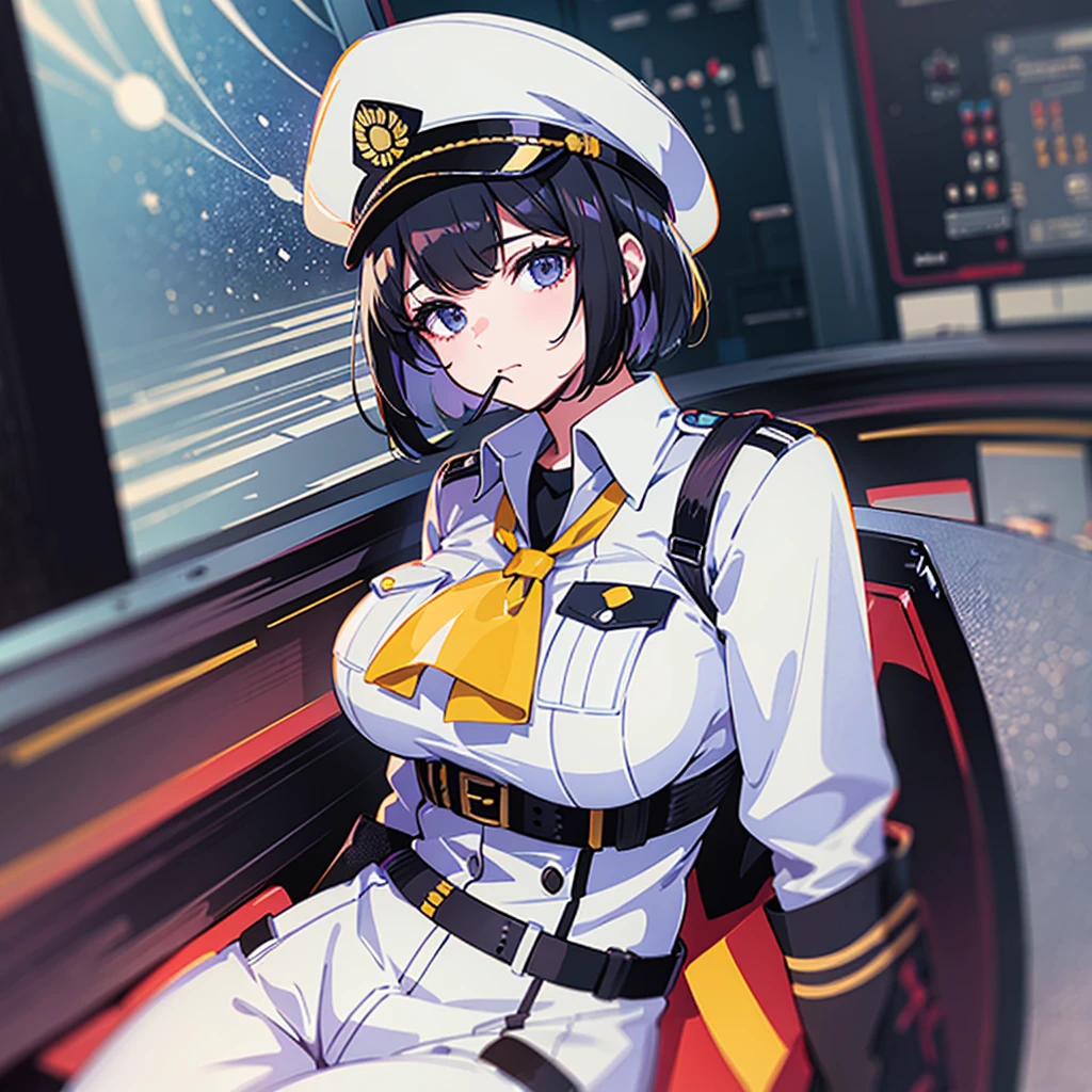 (((masterpiece、Top image quality、top-quality、highly detailed unity 8kwall-paper)))、(Illustration of one woman)、30-years old、(Viceroy)、((Black hair bob cut))、(((Gas mask covering the mouth)))、(((Gas mask covering the mouth)))、Gray eyes、((Tall))、((huge tit))、((Military uniforms))、((Military Cap))、((Military coat))、(white clothes)、(White pants)、(White cap)、trench coat、(((Inside the space battleship、Inside the bridge、The Universe on the Monitor)))