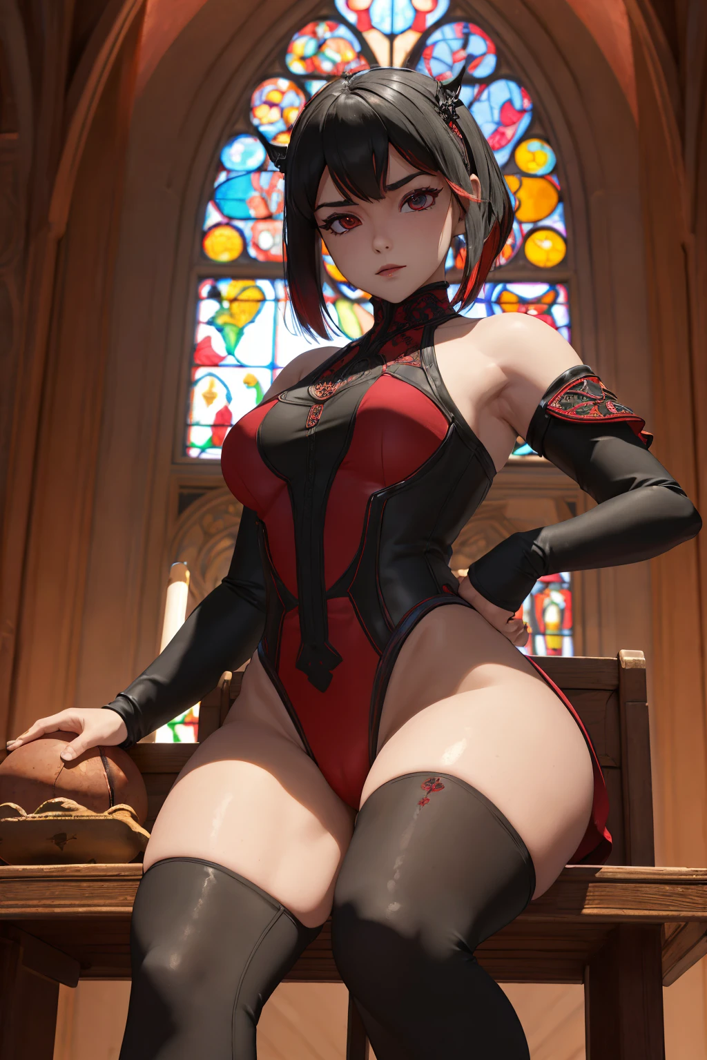 (Hyper realista), (highest detailed), (Obra maestra), realista photo of cute little (demonio con piel roja por todas partes), (tetona), (bomba), (Cameltoe:1.1), Sitting ceiling of a gothic style church., medias y botas hasta el muslo, Alas rojas, High-definition texture, estatura sexy, (thick and curvy body), redondo, estomacal perfecto, ropa de textura, (ojos brillantes:1.2), Dynamic Angle, dynamic pose, Film Photography, realista, foco nítido, (muy detallado), (Sede 4K), alto contraste, cinematic light filter, Sombras, (detailed and realista skin texture), (Ropa detallada), (Antecedentes detallados).