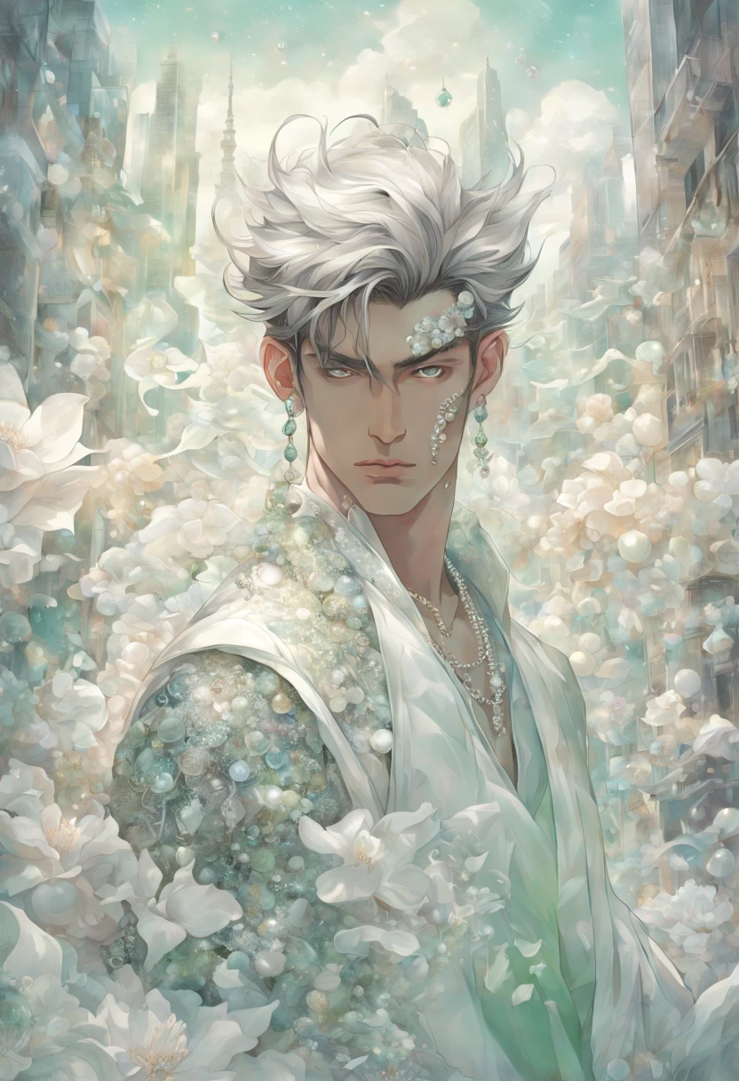 (Handsome young man), beautiful demon, white petals, crystal, jade, pearls, complex light, pastel colours, contemporary, (((Detailed drawing))), against the backdrop of the city