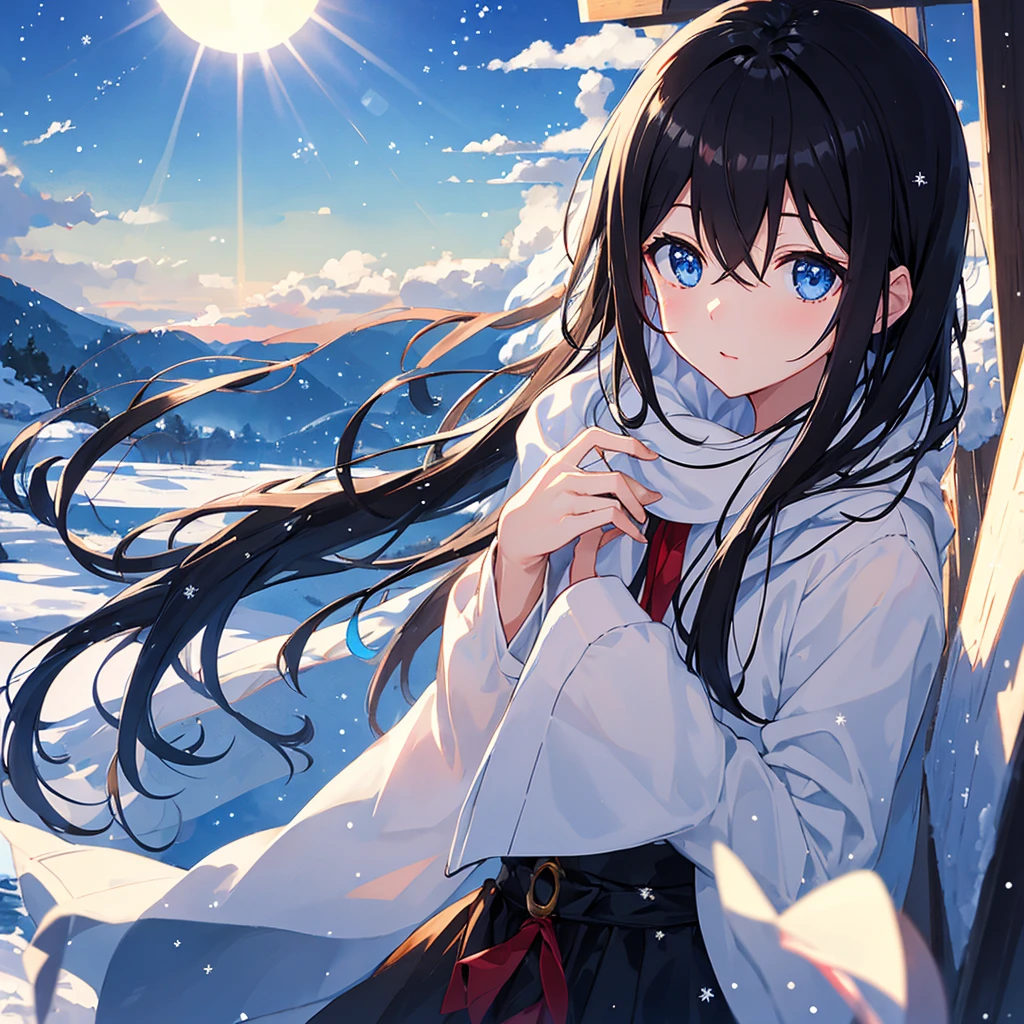 Best Quality, masutepiece, Black hair, Blue eyes, Looking Up, Upper body、Looking at the Sun、Winter scenery