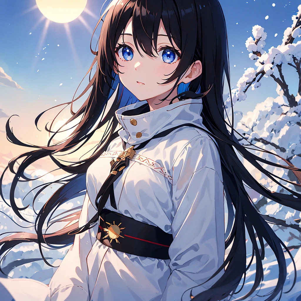 Best Quality, masutepiece, Black hair, Blue eyes, Looking Up, Upper body、Looking at the Sun、Winter scenery