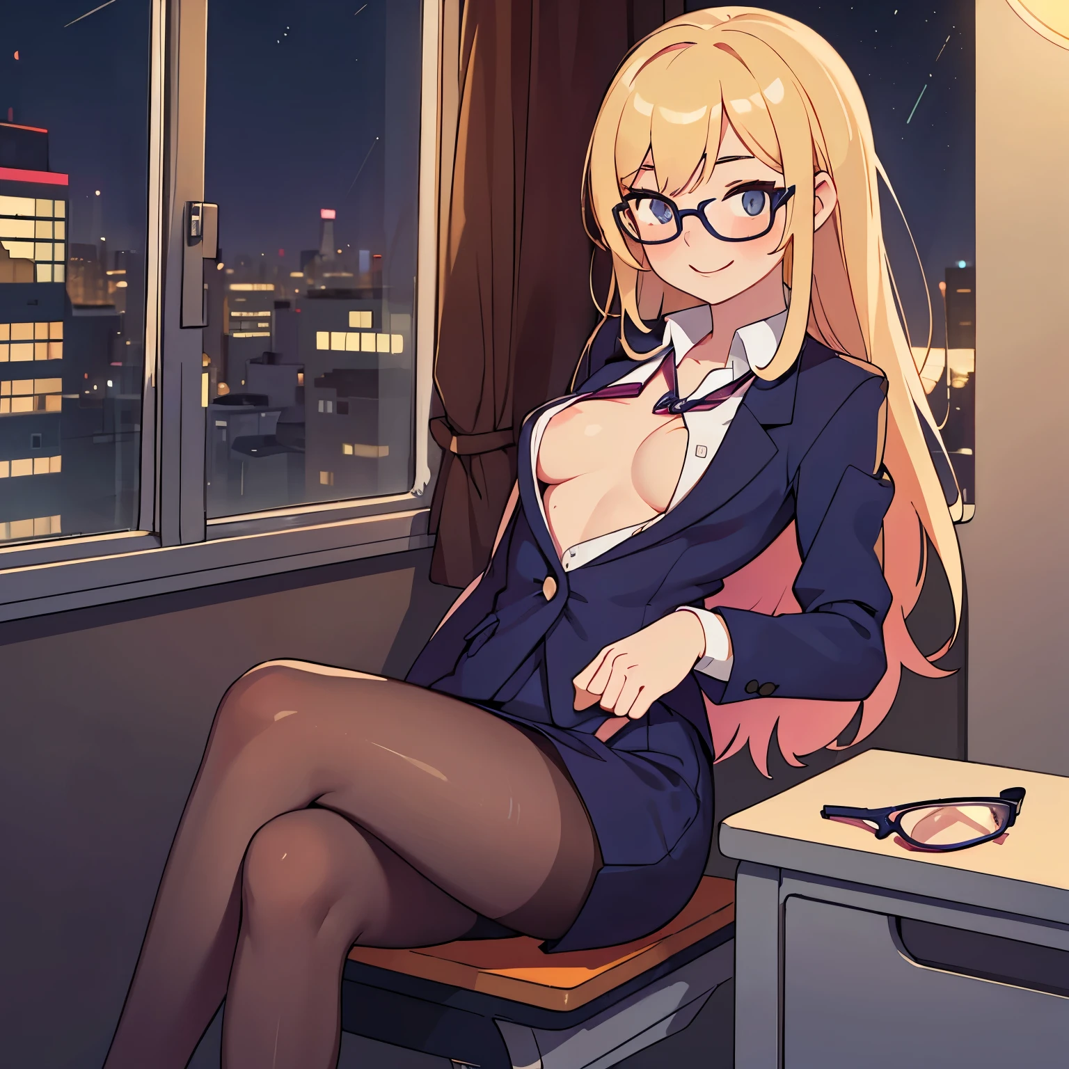 (best quality, masterpiece), 1girl, pose, (in an office), windows at night with a cityscape, looking at viewer, blonde, beautiful woman, sexy, flirty, seductive, nsfw, smile, 20 year old woman, secretary, skirt suit, navy skirt, navy pantyhose, slender, long legs, (small breasts: 1.2), white collared shirt, (shirt pulled open), (no bra), pink nipples, ((pale skin)), glasses, sitting on a desk, legs crossed