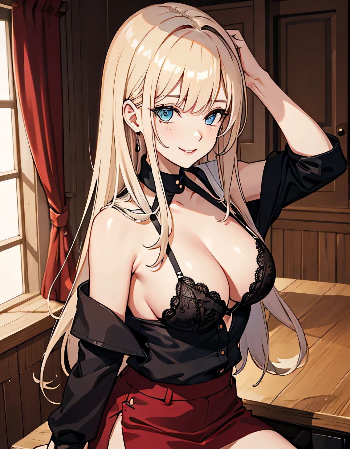 (Large breasts:1.5),Looking at Viewer,(((masutepiece))),((Best Quality)),Perfect Anatomy,8K UHD,extra detailed face,gloss and shiny,((1girl in)),((Solo)),(Beautiful detailed eyes:1.5),image perfect,(Upper body:1.1),(Look at the front:1.1),Raise your arms behind your head,Slim waist,Shiny hair,Deep cleavage,Office room,(Sensitive smile:1.2),Sexy mature woman,Beautiful white skin,Blonde hair,Long hair,Light blue eyes,Almond Eyes,Beautiful,Sexy,Red lips,Erotic lips,Pink Eyeshadow,eye line,Black bra,Black miniskirt,Stockings,sit on desk,(Blunt bangs),ultra-detailliert,2D,