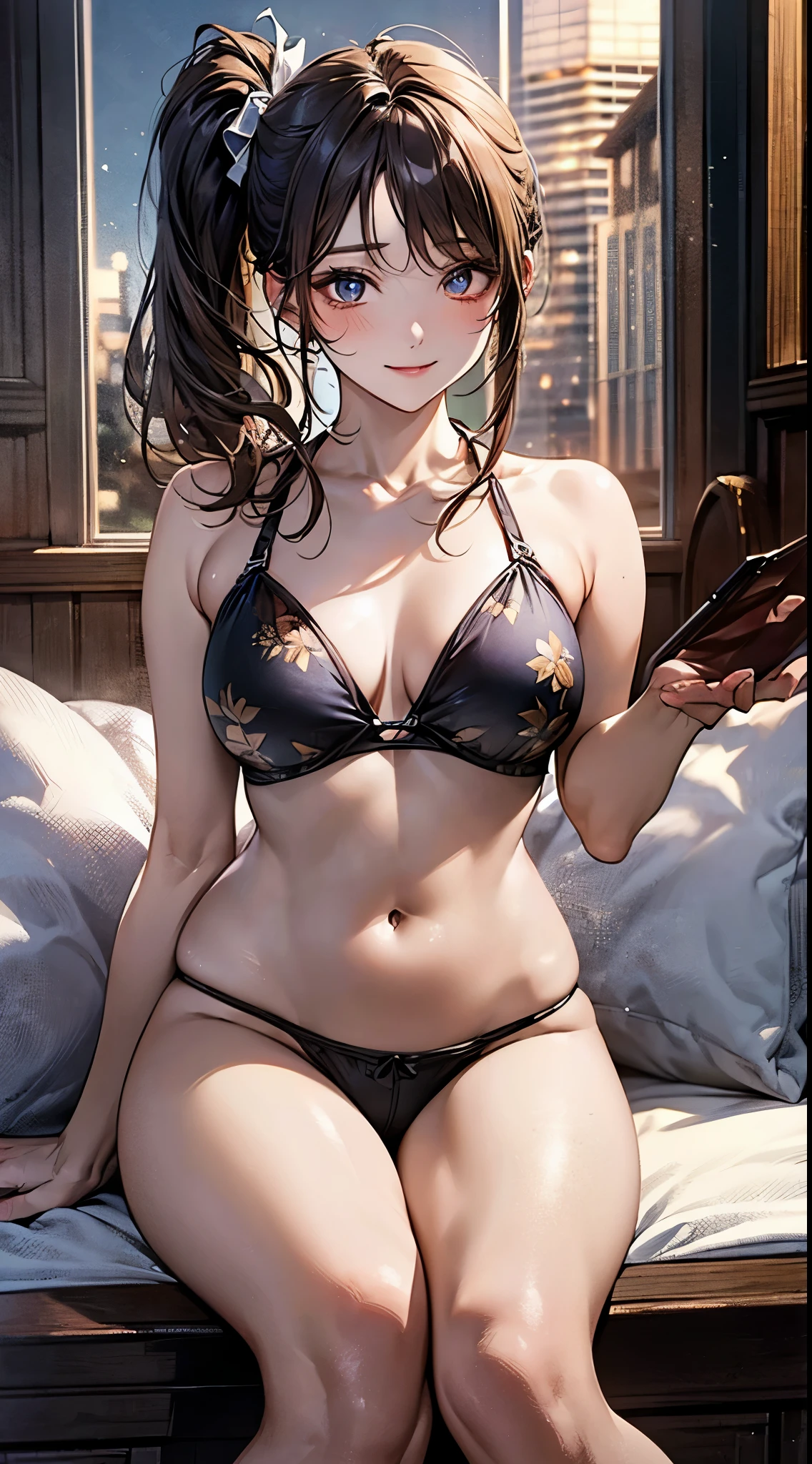 ((perfect anatomy, anatomically correct, super detailed skin)), 1 girl, japanese, , (detailed ultra-oily shiny skin:1.1), watching the view, adorable smiling, 
beautiful hair, beautiful face, beautiful detailed eyes, (middle hair:1.7, side ponytail:1.5), parted bangs, babyface, 
beautiful clavicle, beautiful body, beautiful breasts, (large breasts:0.8), beautiful thigh, beautiful legs, 
((pajamas)), 
(beautiful scenery), living room, table, sitting cushion, 
(8k, top-quality, masterpiece​:1.2, extremely detailed), (photorealistic), beautiful art, visual art, depth of fields, cinematic lighting, ,