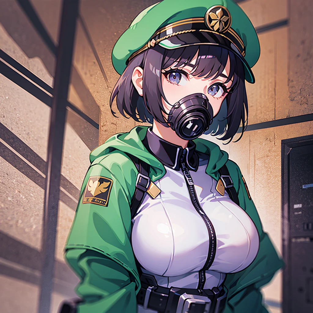 Anime girl wearing a gas mask, desire to do something sexual, big breasts and exposed genitals