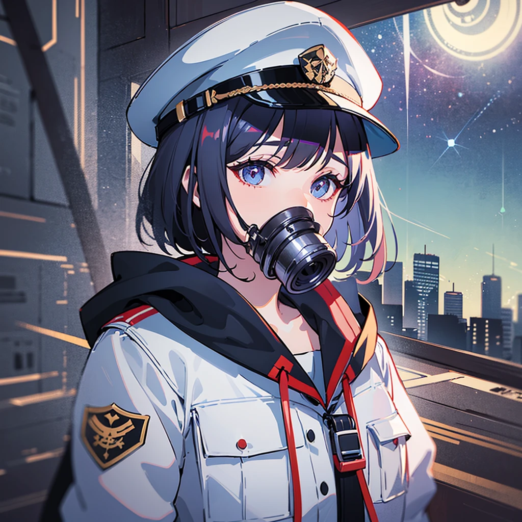 （（（​masterpiece、Top image quality、top-quality、highly detailed unity 8ｋwall-paper）））、（Illustration of one woman）、30-years old、（Viceroy）、（（Black hair bob cut））、（（（Gas mask covering the mouth）））、（（（Gas mask covering the mouth）））、Gray eyes、（（Tall））、（（huge tit））、（（Military uniforms））、（（Military Cap））、（（Military coat））、（white  clothes）、（White pants）、（White cap）、trench coat、（（（Inside the space battleship、Inside the bridge、The Universe on the Monitor）））