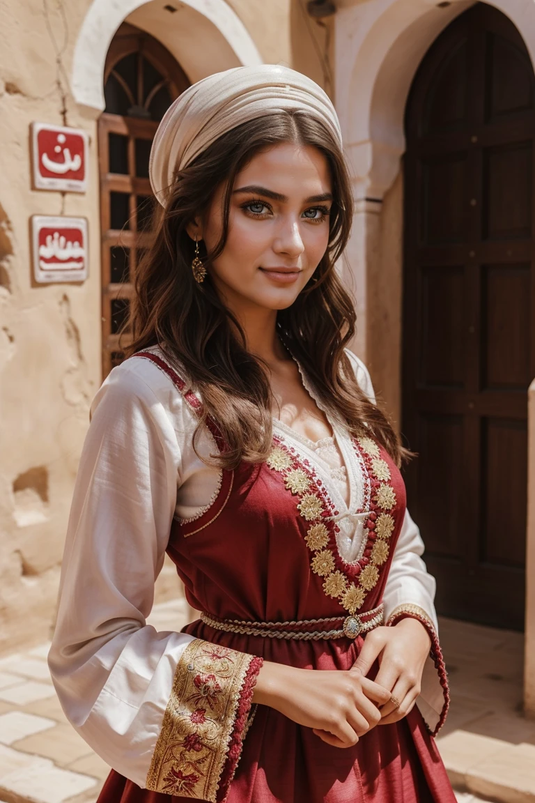 Instagram-Models posieren in Fes, in traditional clothes, full entire body, beautiful detailed eyes, beautifully detailed lips, extremely detailed eyes and face, kurzes, welliges rosa Haar ((best qulaity)), ((Meisterwerk)), (detailliert), perfektes Gesicht, full entire body, smile