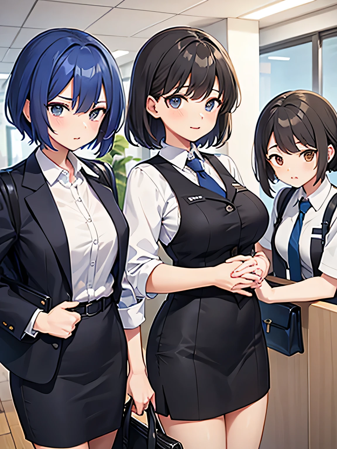 A man is surrounded by three office ladies.。One of the three women is a male senior.、One is a male colleague、One is a male junior.。The man is wearing a suit and looks nervous..。The location is the office。