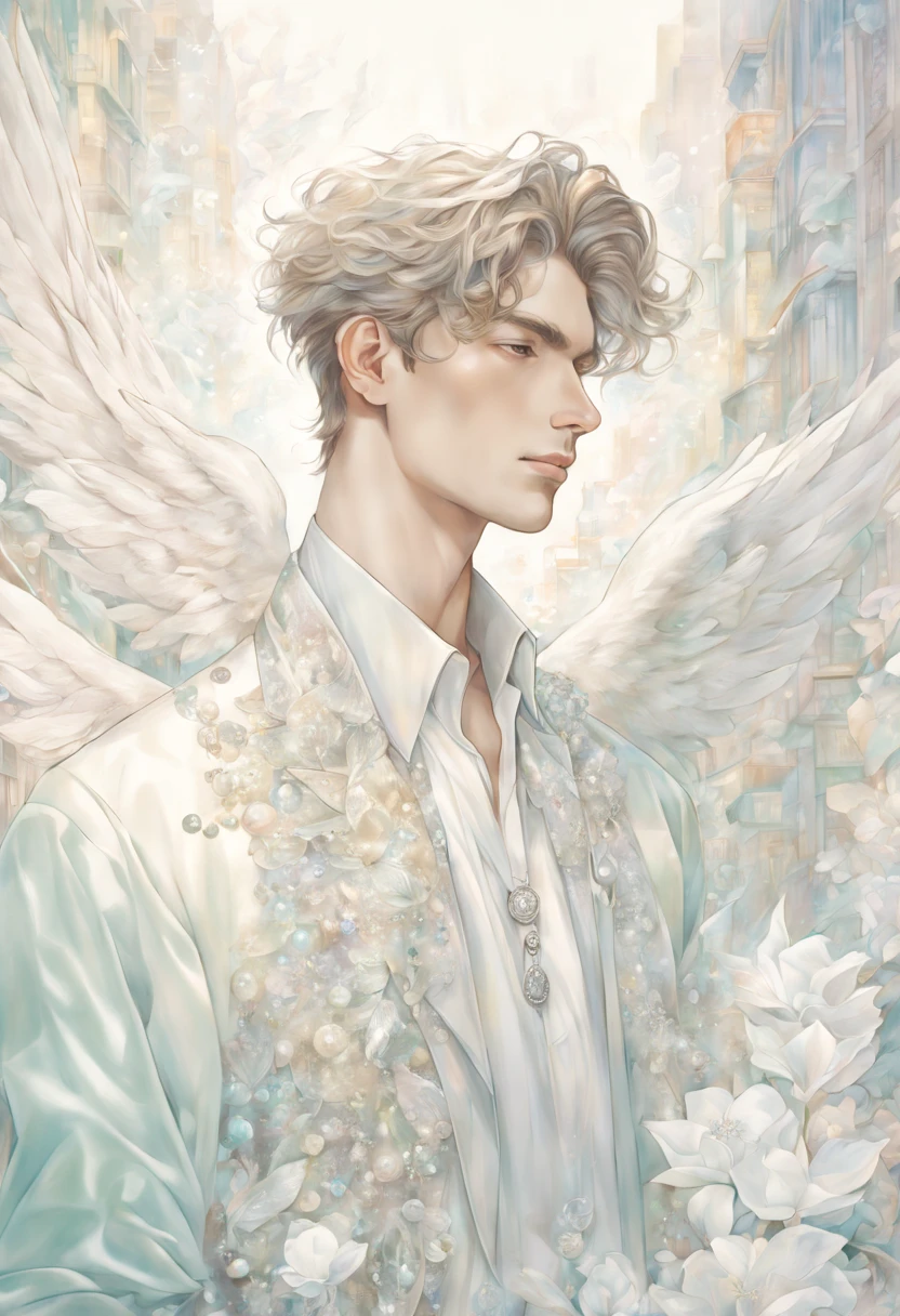 (Handsome young man), angel, white petals, crystal, jade, pearls, complex light, pastel colours, contemporary, (((Detailed drawing))), against the backdrop of the city