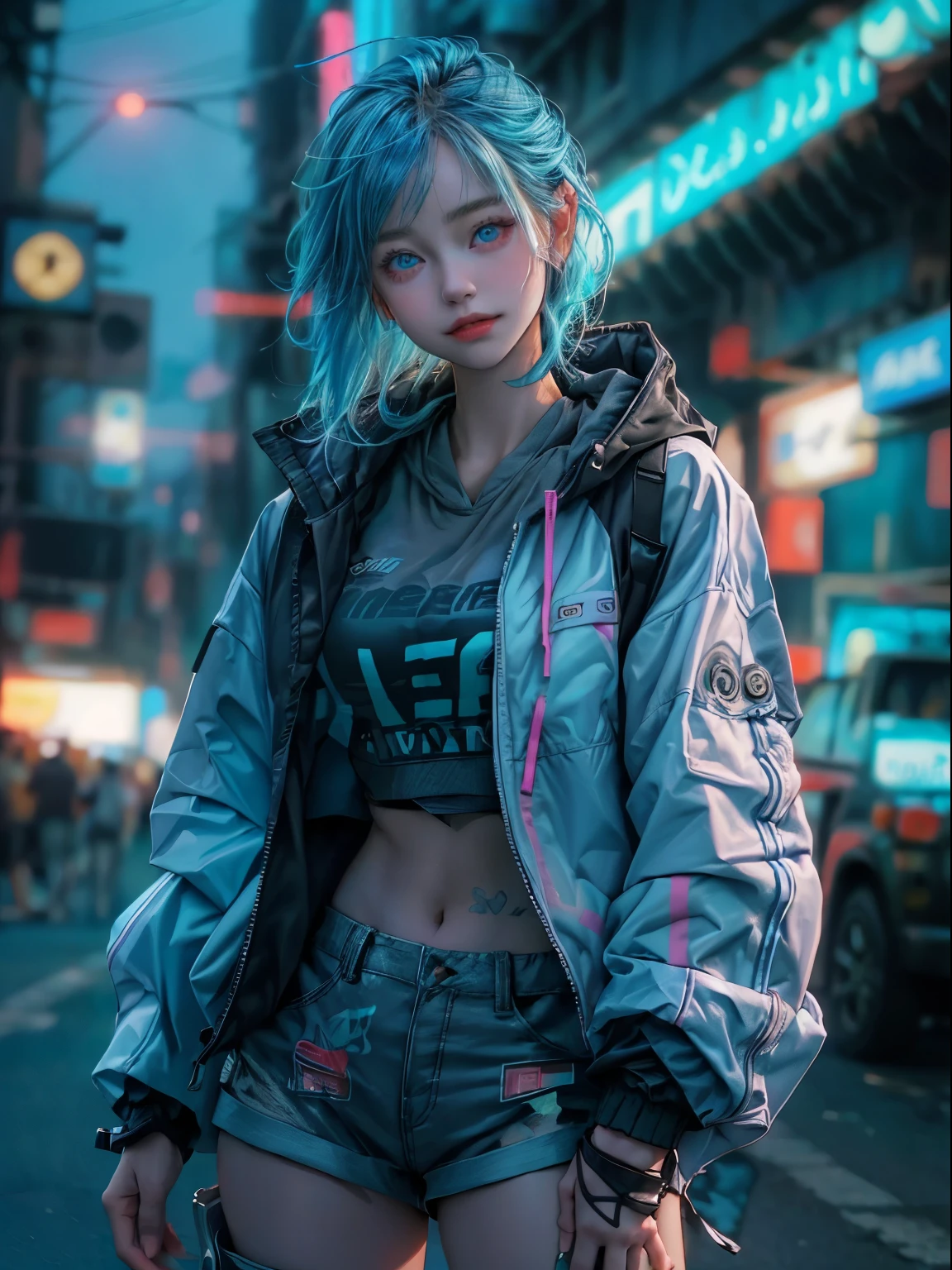 (RAW photo, best quality, high quality, highres), (realistic, photo-realistic), ultra-detailed, (front lighting), physically-based rendering, real life, 1girl, 20 years old, (((looking at viewer))), (highly detailed skin:1.3), (cute smile with dimple, cleft chin), head tilt, (blue hair), (blue eyes), very very long longest hoodie, (tactical cyberpunk jacket, blue and white jacket:1.2, black short cargo pants), white sport shoe, black thighhighs, detailed eyes, air bangs, sunset, futuristic cyberpunk city, (neon lights), standing pose, NSFW