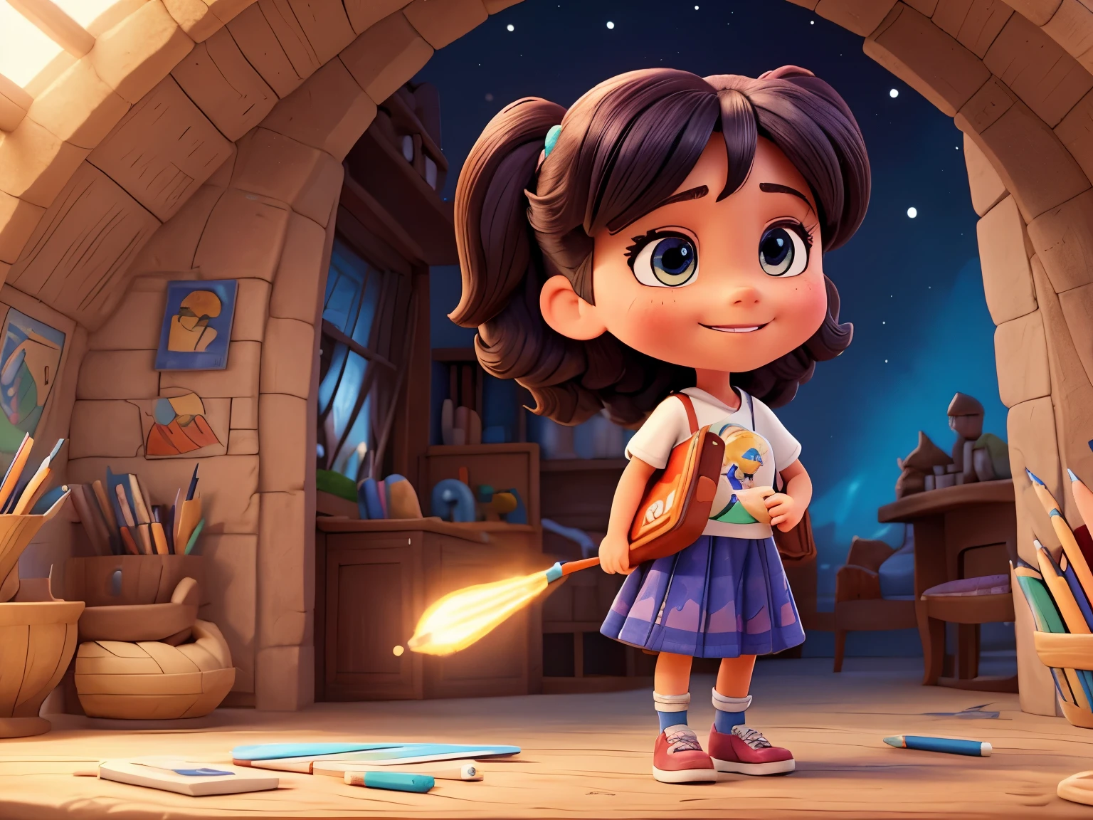 Naually- A Artista Sonhadora: Naually is a creative artist, cerca de 7 anos, com seus cabelos ruivos cacheados em cascata delicadamente. Her black eyes sparkle with vibrant imagination and a charming smile.. Wearing a flowing skirt, nome estampado na blusa, Meias coloridas, and comfortable shoes, She carries her sketchbook and colored pencils with joy. His expression shows concentration as he transforms the world around him into a realm of fantasy, Creating magical illustrations and enchanting stories.