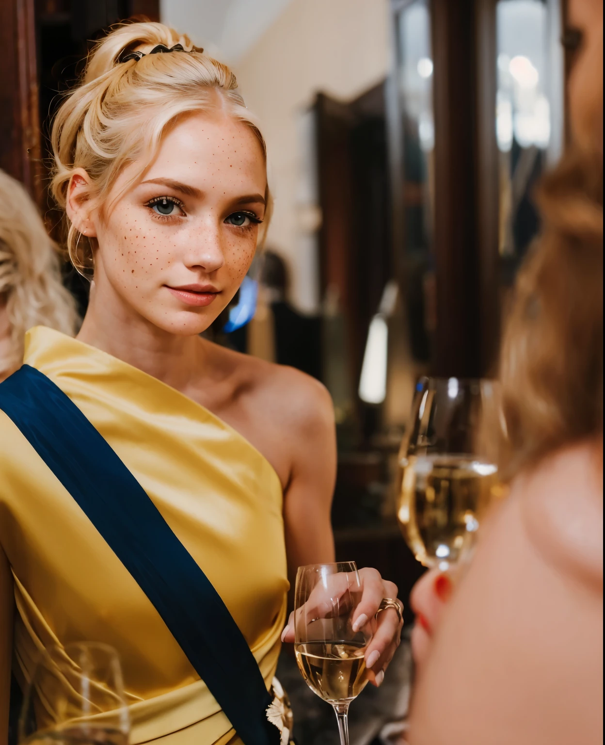 Rosto de uma mulher, americana, 25 anos, pale skin and freckles, olhos cinzas, nariz delicado, soft and delicate lips, cabelo blondie cinza longo e ondulados, sorriso meigo