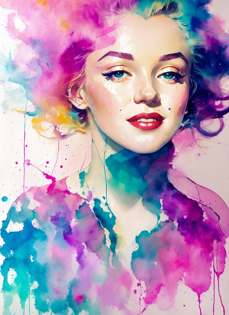 une peinture de Mme Marilyn Monroe par Agnes Cecile,1 fille, seulement, Design lumineux, Arrière plans l'espace et galaxie Colors pastel, Couleur sourdine, ink drops, Autumn lights