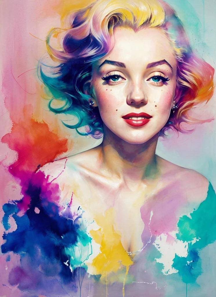 une peinture de Mme Marilyn Monroe par Agnes Cecile,1 fille, seulement, Design lumineux, Arrière plans l'espace et galaxie Colors pastel, Couleur sourdine, ink drops, Autumn lights