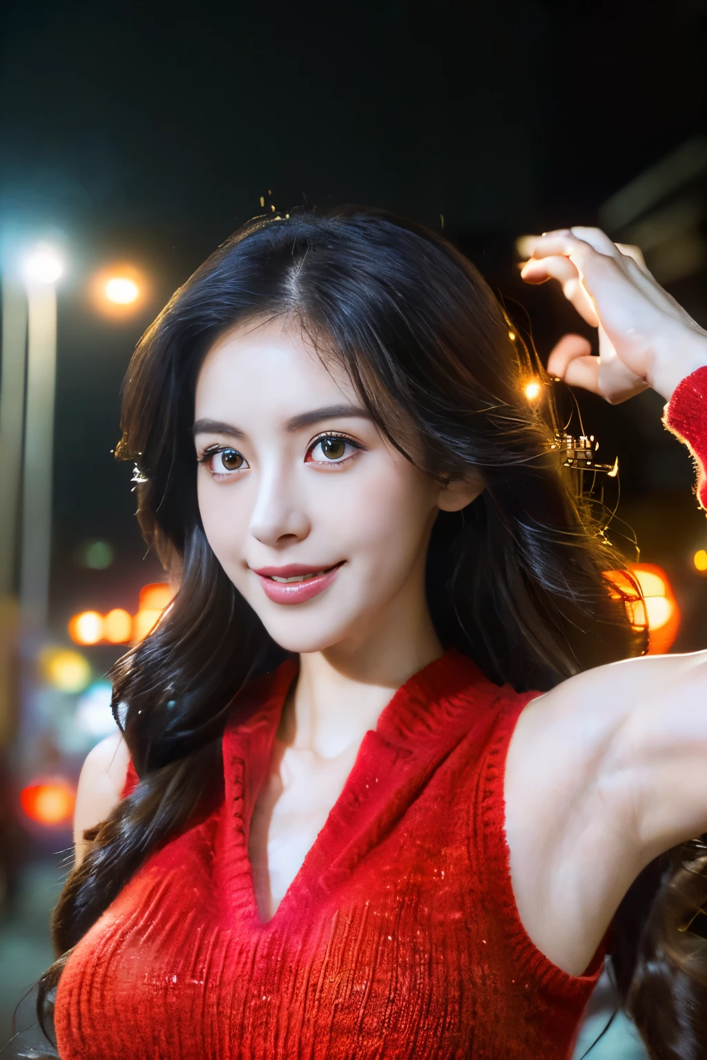 ((((8k))),((Extremely meticulous CG)) ,(wallpaper),16k,((Extremely refined and beautiful))，(((Masterpiece))),(((best qualtiy))),(((Ultra High Resolution))),beautiful light up,Perfect lightning,realistic shaded,[A high resolution],(Smooth and flawless fair skin:1.5),(pale skin:1.3),Extremely exquisite facial details,(perfect body：1.1),ultra - detailed,A beautiful girl,solo,small head,(long curly hair:1.1),(Hair fluttering:1.1),small face,Exquisite makeup,(small breasts:1.1),flat chests,slim,thin,happy,(Smile:1.2),(Red high collared sleeveless sweater:1.3),(Raise arms up:1.2),(hairy armpits:1.2),(night scene:1.5),outdoor,(on the Hongkong street:1.2),winter,(detailed background:1.5),standing,(close-up of face:1.2),(from front:1.2)