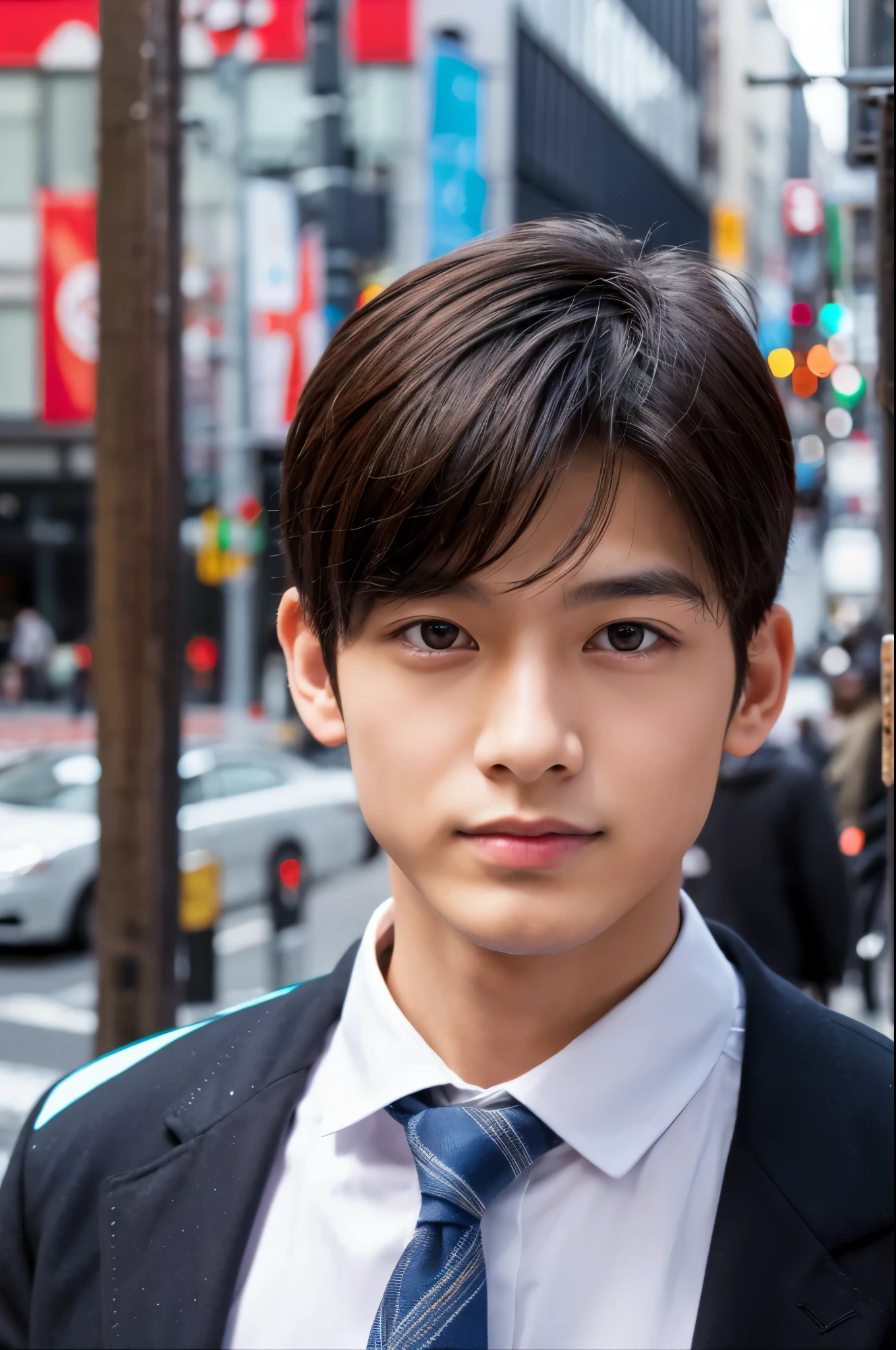 Photorealsitic, 8K full body poster, Beautiful Boys, japanes, An 18-year-old man, A charming expression, detailed face details, TOKYOcty, Winters, Shibuya in the background