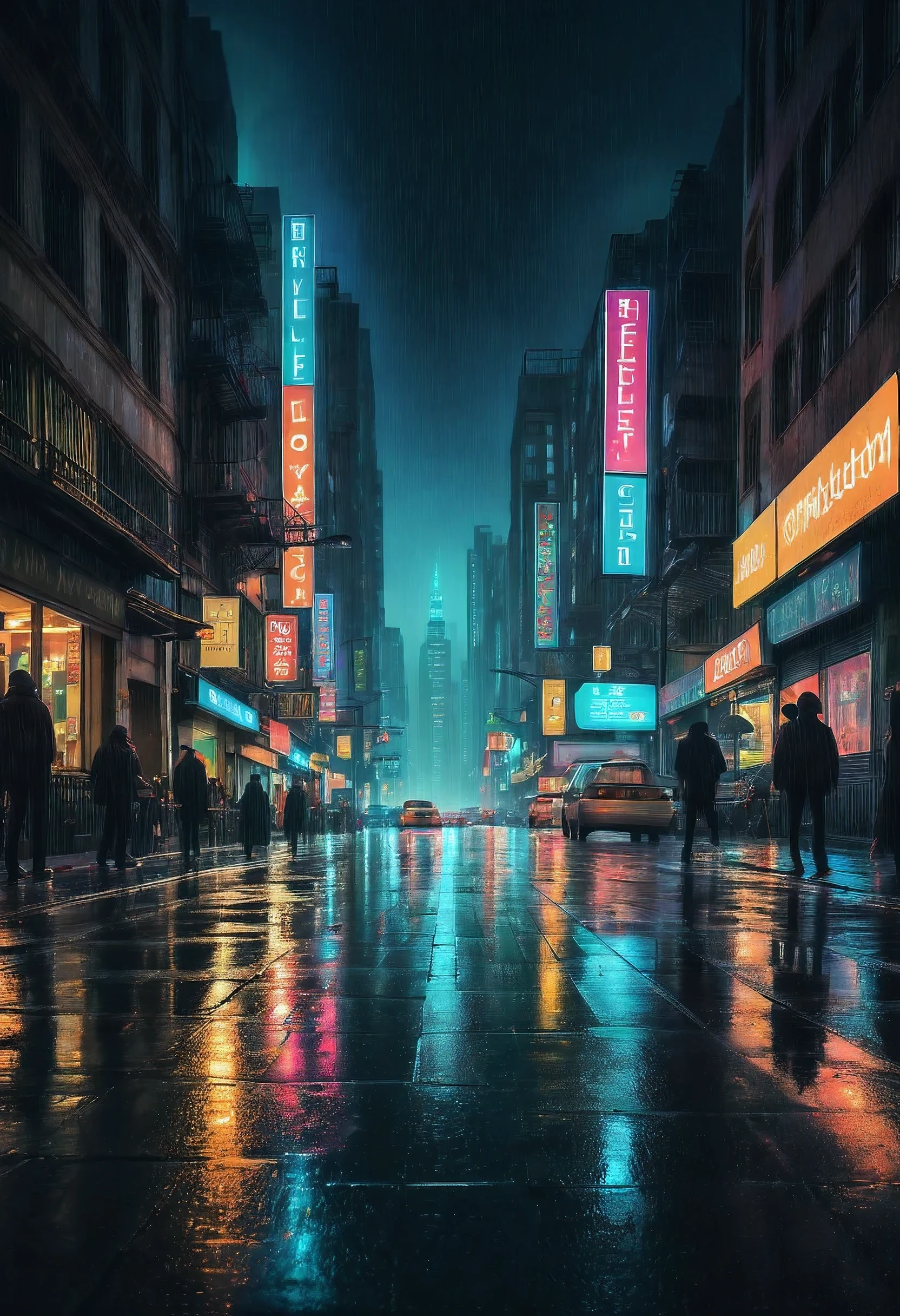 best quality, ultra high res, (photorealistic:1.4), masterpiece, blurry background,night view of the city, vibrant colors, dramatic lighting, atmospheric, detailed architecture, reflective surfaces, glowing neon lights, bustling streets, distant skyline, silhouettes of people, illuminated windows, lively atmosphere, cityscape with tall buildings, busy traffic, rain-soaked streets, wet pavement, shimmering reflections, moody ambiance,  charm, enchanting night scene, third rules of photography