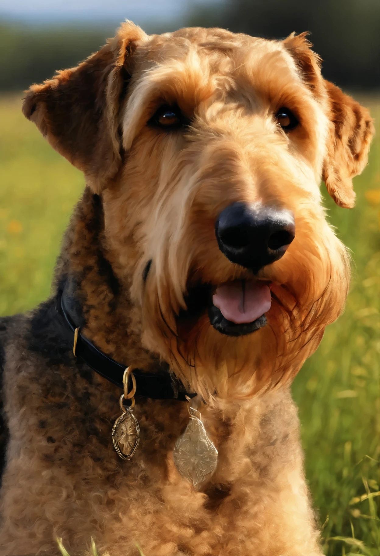 image of an Airedale dog, sitting in the field, digital painting highly detailed, very detailed close-up portrait, Portrait of a large Airedale terrier dog, highly detailed portrait, painted Portrait of the stern Zeus, detailed portrait, Highly detailed photo portrait, painted portrait of rugged odin, highly-detailed illustration, Matte illustration, Portrait of the stern Zeus, High Quality Portrait, Drawn with Photoshop