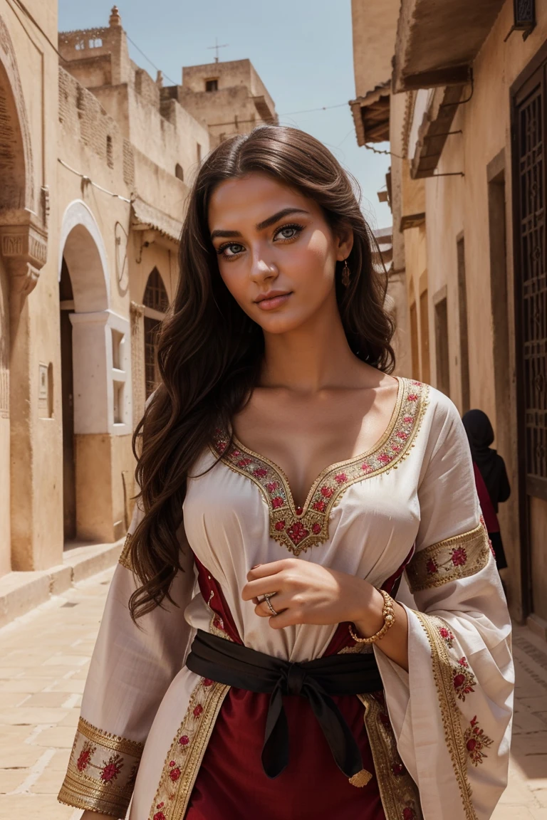Instagram-Models posieren in Fes, in traditional clothes, full entire body, beautiful detailed eyes, beautifully detailed lips, extremely detailed eyes and face, kurzes, welliges rosa Haar ((best qulaity)), ((Meisterwerk)), (detailliert), perfektes Gesicht, full entire body, funny face