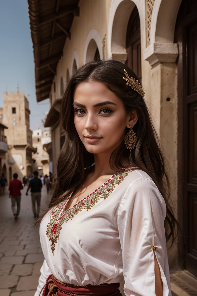 Instagram-Models posieren in Fes, in traditional clothes, full entire body, beautiful detailed eyes, beautifully detailed lips, extremely detailed eyes and face, kurzes, welliges rosa Haar ((best qulaity)), ((Meisterwerk)), (detailliert), perfektes Gesicht, full entire body, funny face