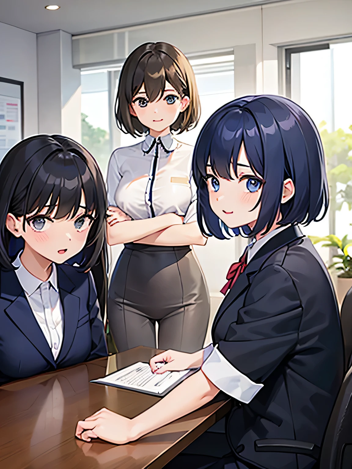 Three office ladies compete for one man.。One of the three women is a male senior.、One is a male colleague、One is a male junior.。The man is wearing a suit and looks nervous..。The location is the office。