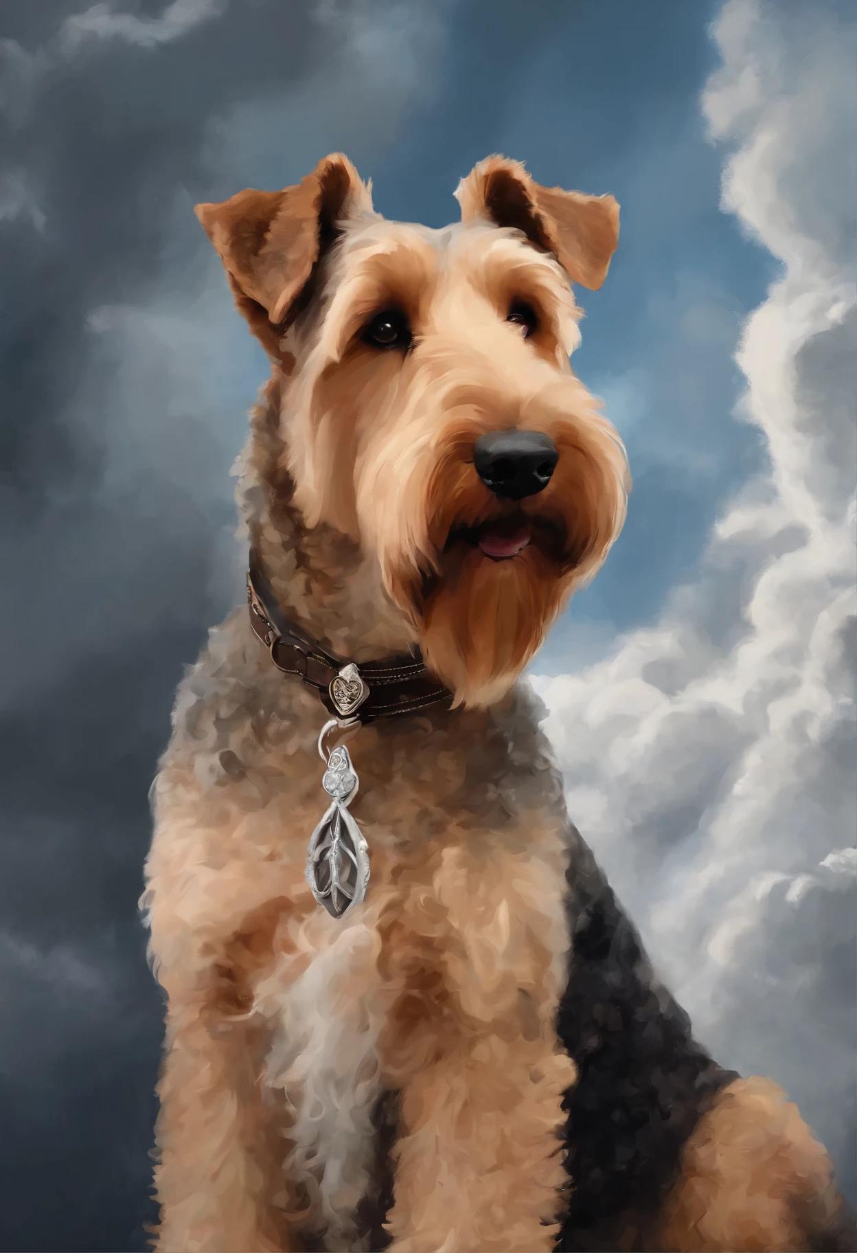 Painting of an Airedale Terrier dog, sitting on the cloud-covered ground, painted portrait of rugged odin, digitalpainting с высокой детализацией, white silver painting, Portrait of the stern Zeus, painting of cute dog, portrait zeus, Beautiful picture of high, Digital Painting", painted Portrait of the stern Zeus, detailed portrait, digital art of an elegant, Digital art with high detail, digitalpainting