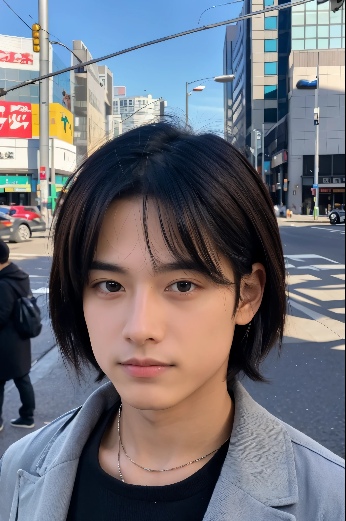 Photorealsitic, 8K full body poster, Beautiful Boys, japanes, An 18-year-old man, A charming expression, detailed face details, TOKYOcty, Winters, Shibuya in the background