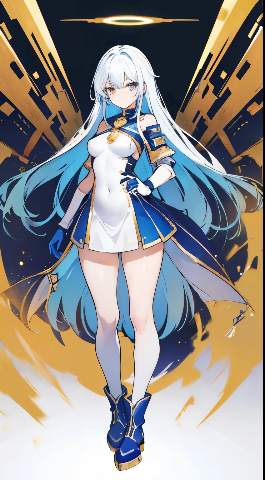 super precision,masterpiece, top-quality,(((Full body like))),One Girl, Detailed eyes, (Looking at Viewer:1.2), (Beautiful face:1.2),a beauty girl,Very long hair,(Blue and white gradient hair),(((Golden eyes))),Zito-order,A little smile,Cyberpunk clothing,dignified clothes,tights,Short boots,gloves,Slender figure,(Smaller breasts),Slimming legs,short stature,sixteen years old,simple background,