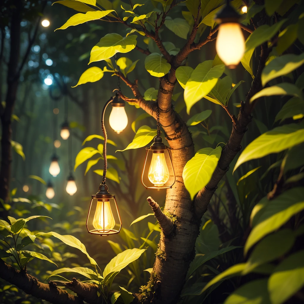 Close-up Shot Shot，a glowing firefly，in the jungle at night，The background is blurred out，Create a beautiful and peaceful atmosphere