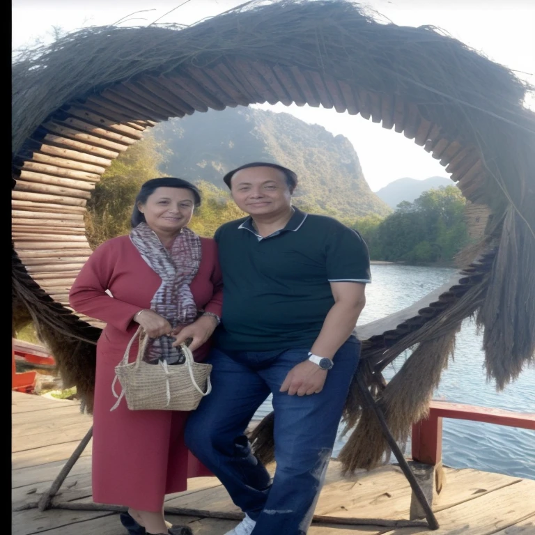 there are two people standing on a boat in the water, vacation photo, with mountains in the background, with mountains in background, lovely couple, with many travelers, island in the background, tourists in background, on a floating rock island, very very beautiful scenery, very beautiful scenery, mountains in the background, with mountains as background, low quality photo