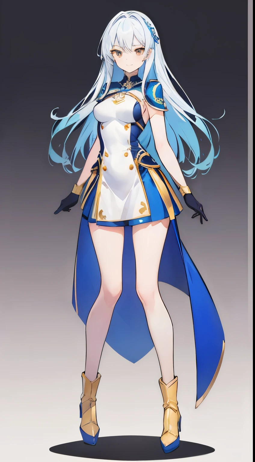 super precision,masterpiece, top-quality,(((Full body like))),One Girl, Detailed eyes, (Looking at Viewer:1.2), (Beautiful face:1.2),a beauty girl,Very long hair,(Blue and white gradient hair),(((Golden eyes))),Zito-order,A little smile,Cyberpunk clothing,dignified clothes,tights,Short boots,gloves,Slender figure,(Smaller breasts),Slimming legs,short stature,sixteen years old,simple background,