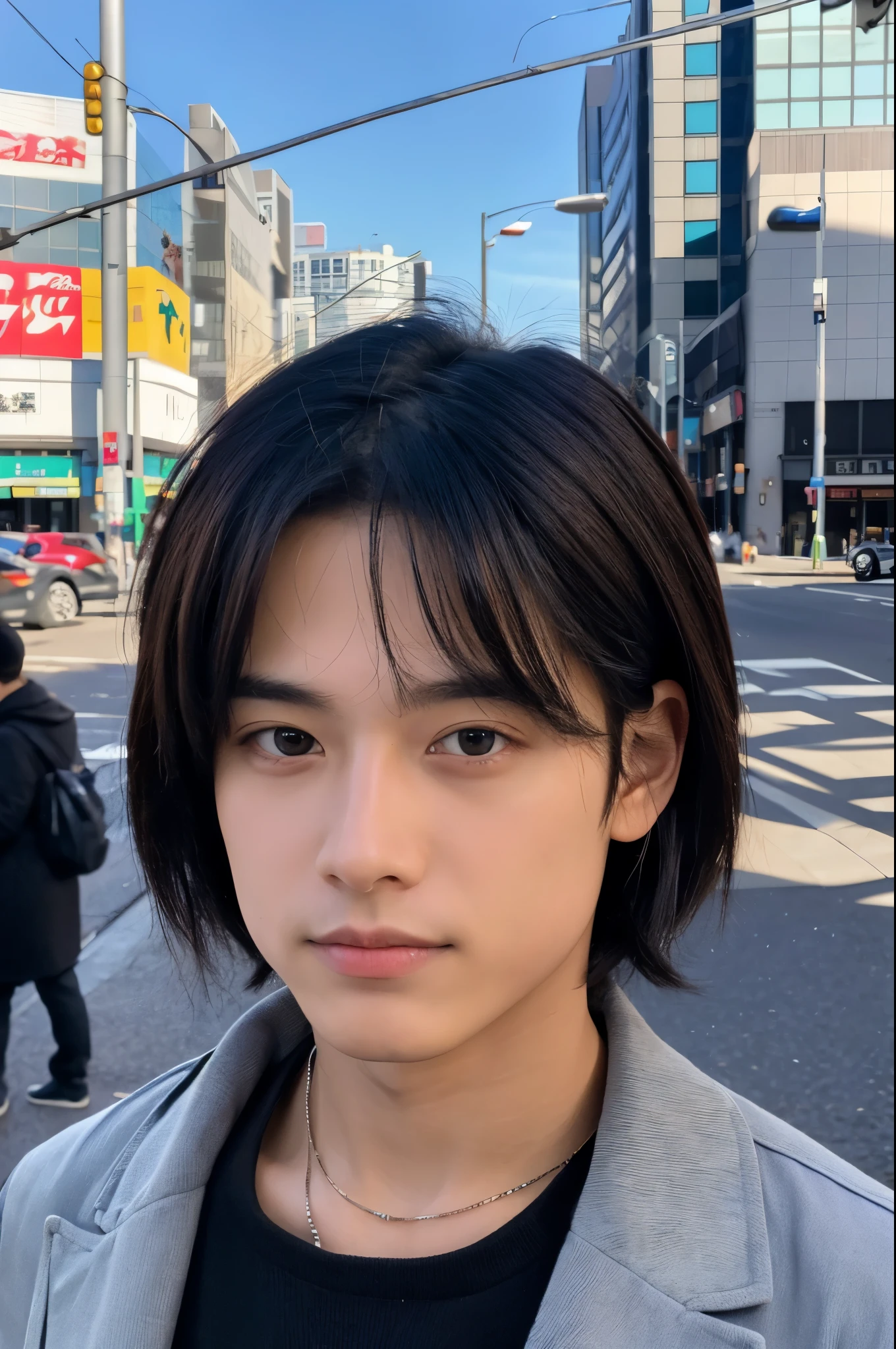 Photorealsitic, 8K full body poster, Beautiful Boys, japanes, An 18-year-old man, A charming expression, detailed face details, TOKYOcty, Winters, Shibuya in the background