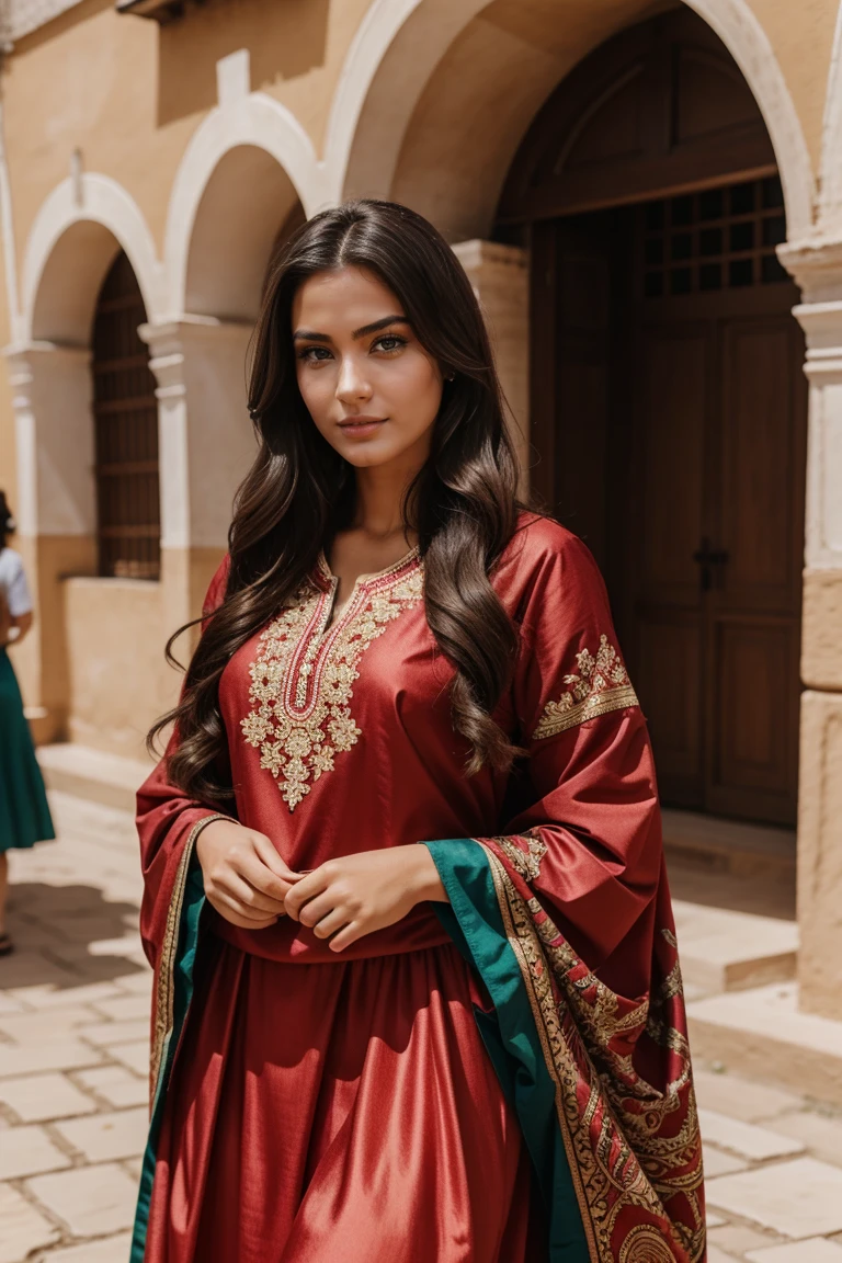 Instagram-Models posieren in Fes, in traditional clothes, full entire body, beautiful detailed eyes, beautifully detailed lips, extremely detailed eyes and face, kurzes, welliges rosa Haar ((best qulaity)), ((Meisterwerk)), (detailliert), perfektes Gesicht, full entire body, looks at the side
