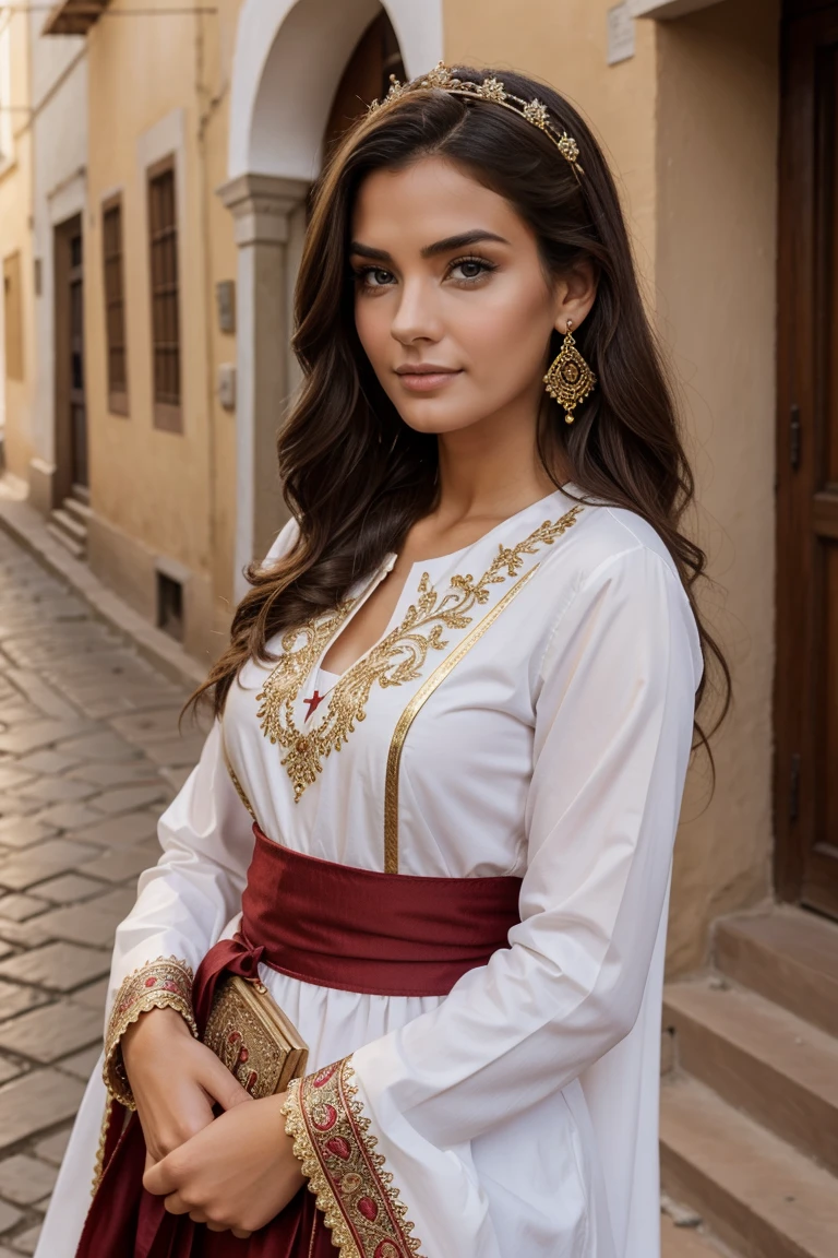 Instagram-Models posieren in Fes, in traditional clothes, full entire body, beautiful detailed eyes, beautifully detailed lips, extremely detailed eyes and face, kurzes, welliges rosa Haar ((best qulaity)), ((Meisterwerk)), (detailliert), perfektes Gesicht, full entire body, looks at the side