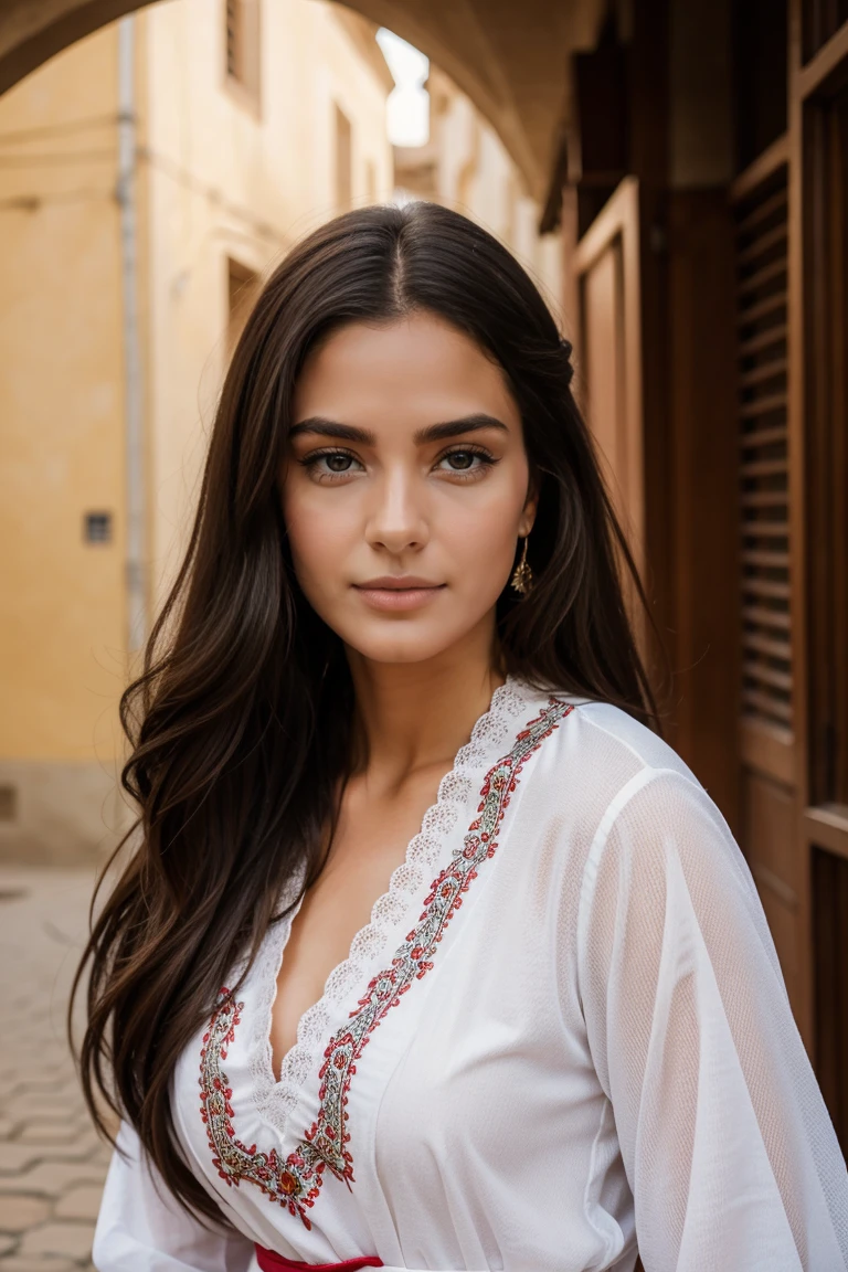 Instagram-Models posieren in Fes, in traditional clothes, full entire body, beautiful detailed eyes, beautifully detailed lips, extremely detailed eyes and face, kurzes, welliges rosa Haar ((best qulaity)), ((Meisterwerk)), (detailliert), perfektes Gesicht, full entire body, looks at the side