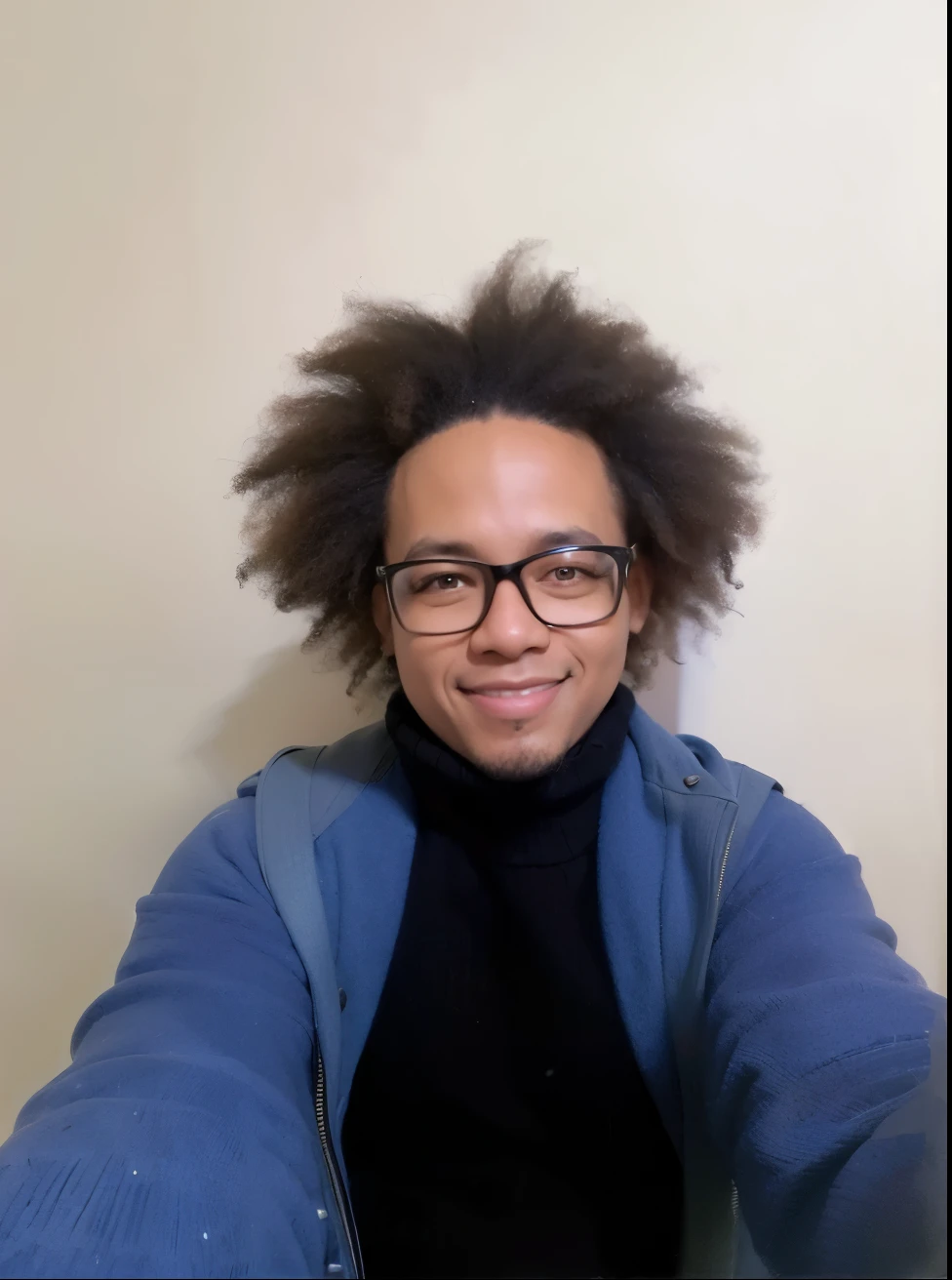 painting of a Biracial androgynous guy in Afropunk style, smiling woman with afro hair and glasses taking selfie in front of a wall, a black man with long curly hair, medium mouth, headshot profile picture, halfbody headshot, headshot painting, with afro, avatar image, curly afro, 8k selfie painting, with no beard, typical cryptocurrency nerd, professional picture, looking straight to front, professional profile picture, character portrait of me