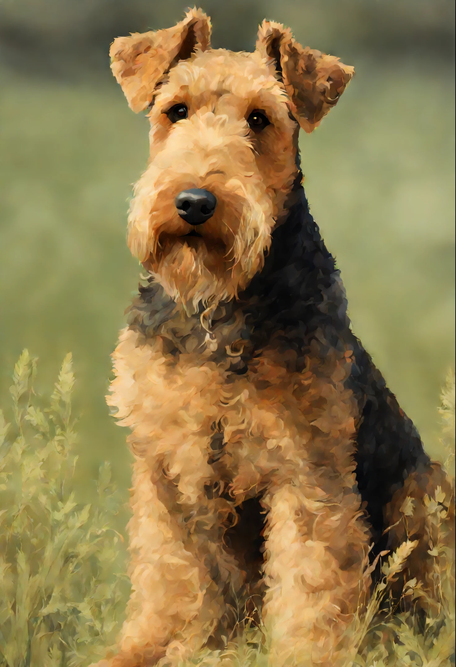 image of an Airedale dog, sitting in the field, digital painting highly detailed, very detailed close-up portrait, Portrait of a large Airedale terrier dog, highly detailed portrait, painted Portrait of the stern Zeus, detailed portrait, Highly detailed photo portrait, painted portrait of rugged odin, highly-detailed illustration, Matte illustration, Portrait of the stern Zeus, High Quality Portrait, Drawn with Photoshop