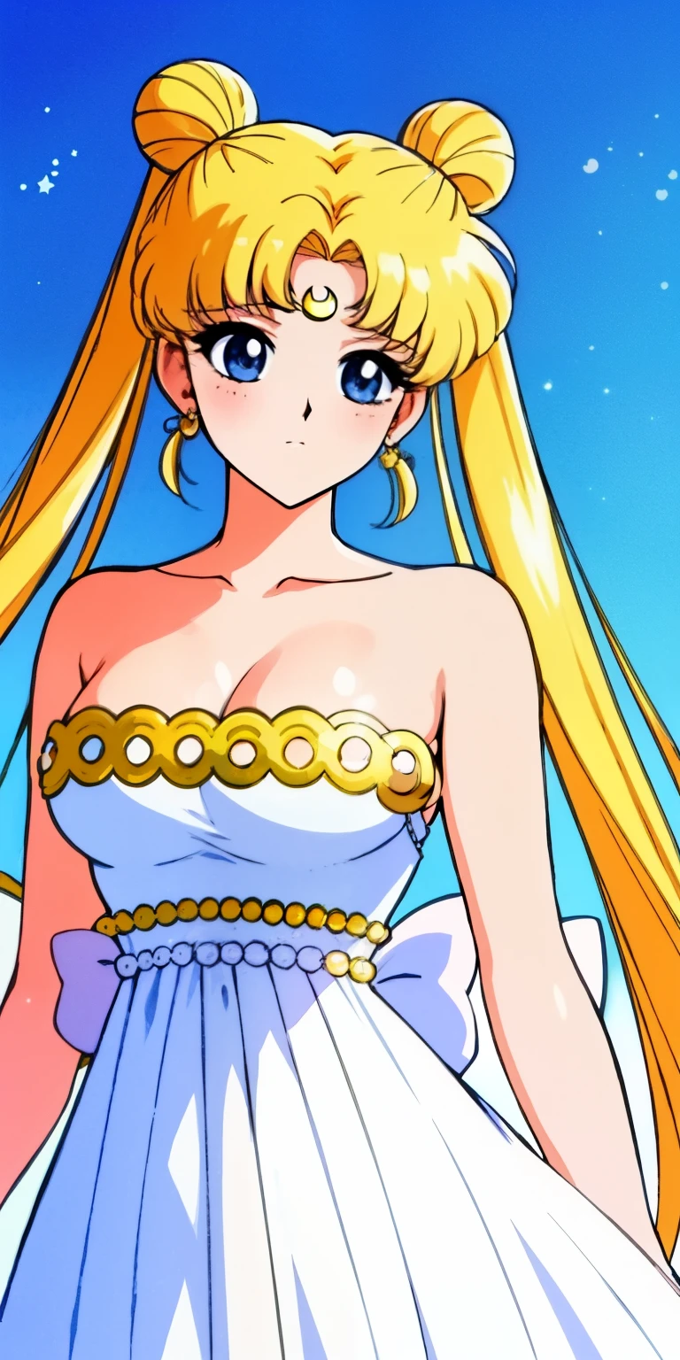 SMU Sagitsukino, 큰pectorals, Standing, Solo, Masterpiece, Best Quality, Detailed face, Detailed Eyes, high resolucion, Masterpiece, Best Quality, Detailed face, Detailed Eyes, high resolucion, Princess costume,tranquility,프린세스tranquility,네오퀸tranquility,pectorals,Big,거대한pectorals,풍만한pectorals.a blond,Dumpling head,왕pectorals,breast,forehead crescent moon,젖pectorals,흘러넘치는pectorals,voluptuousness,The dress,crescent moon on forehead,90s Animation,The dress끈없음,tranquility,tranquilityThe dress,overflow,pectorals살,navels