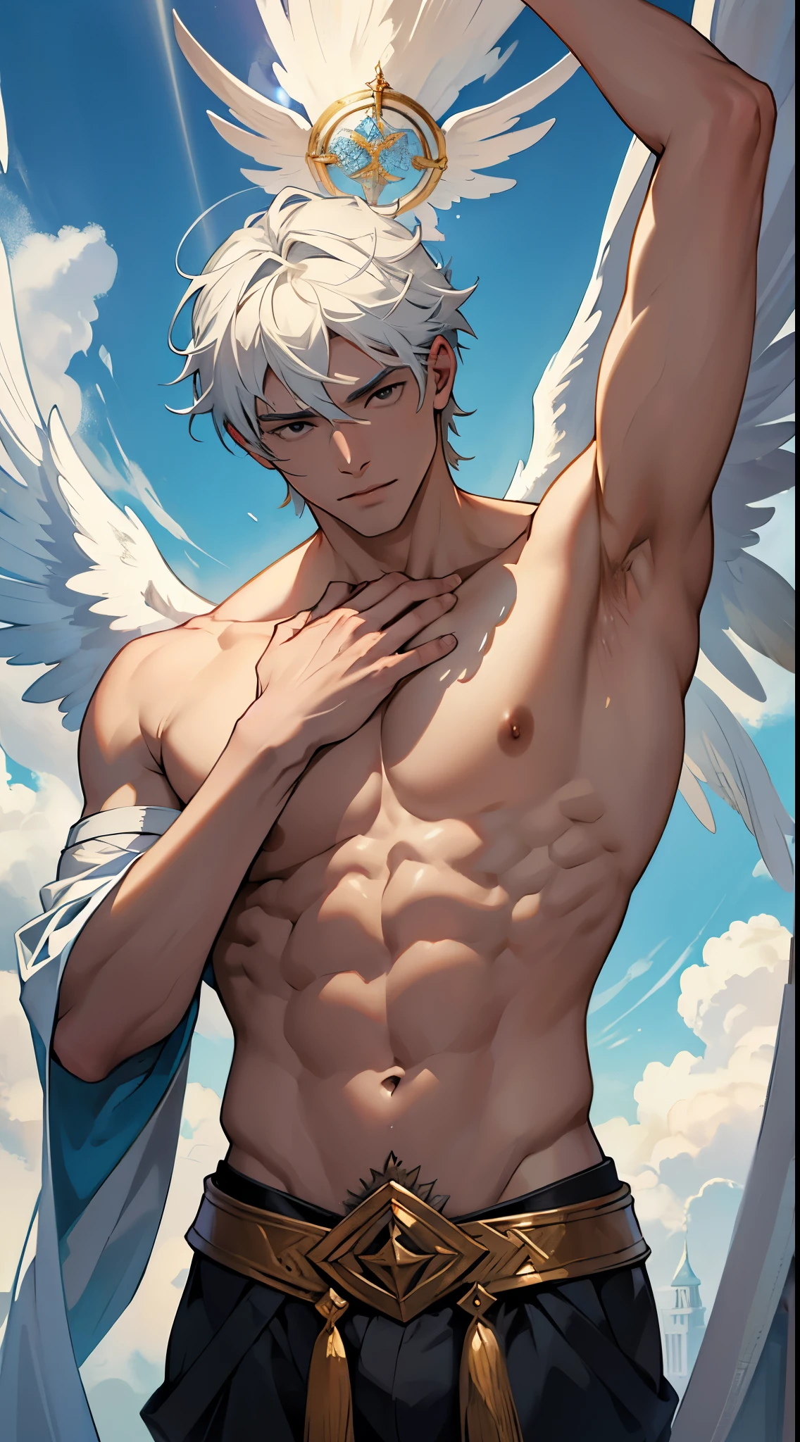 A man ascending to divinity, divine, the elevation of someone to divine status; deification, apotheosis, angel, masterpiece, best quality, high resolution