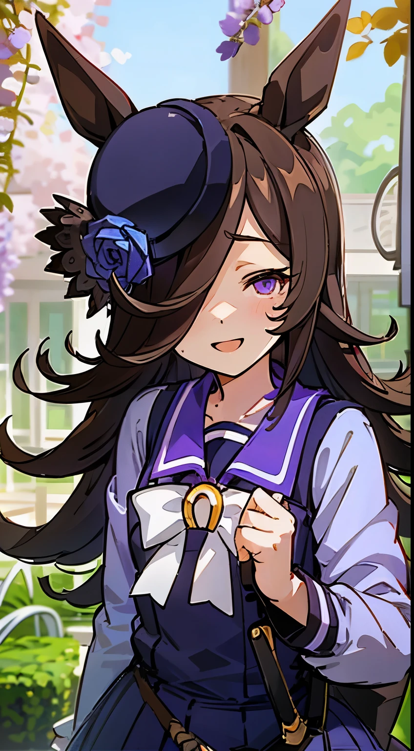 RiceShower(Umamusume),1girl in,wisteria trellis,A clear day,angle of view bust up,Smile,