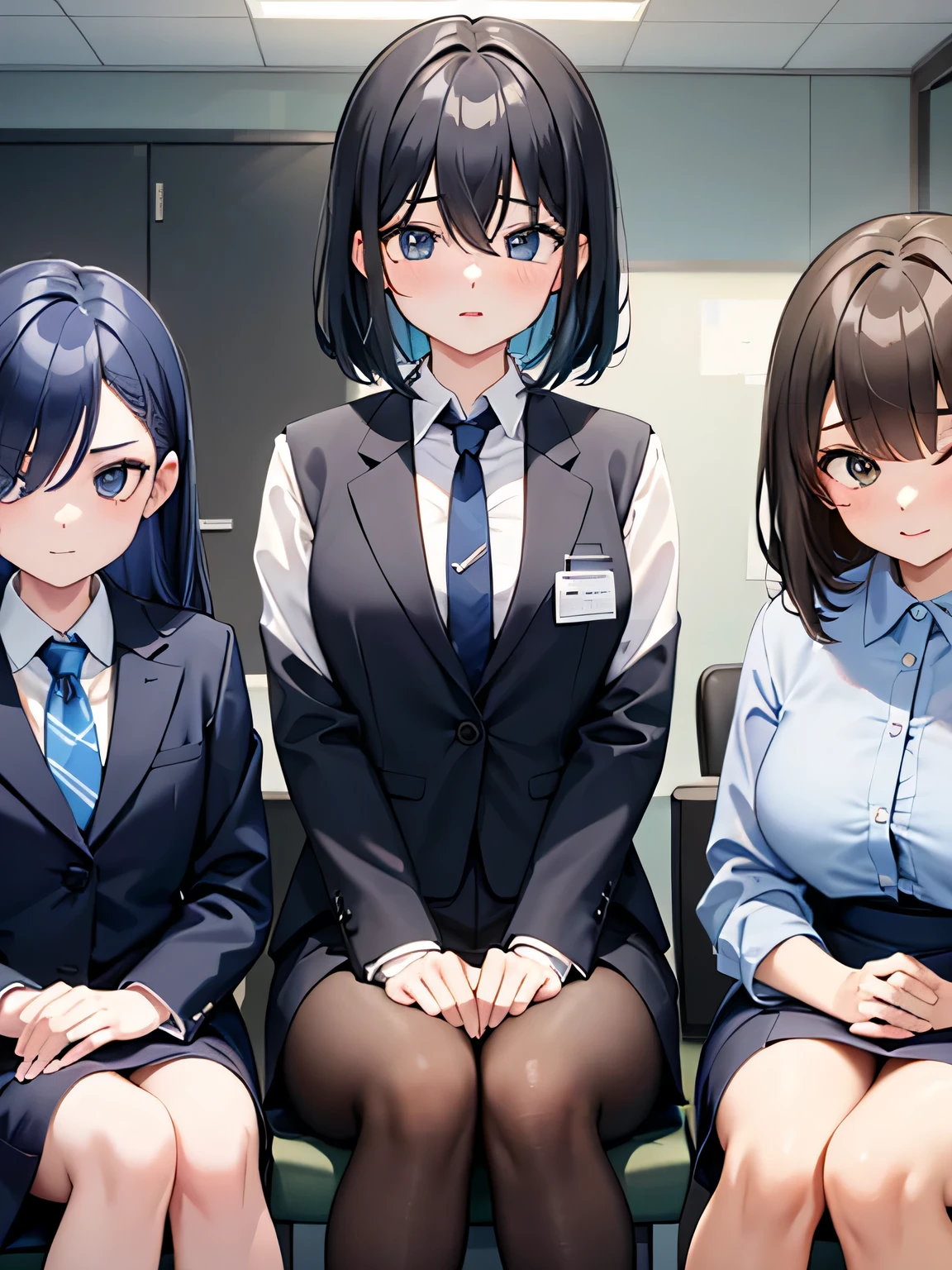 Three office ladies compete for one man.。One of the three women is a male senior.、One is a male colleague、One is a male junior.。The man is wearing a suit and looks nervous..。The location is the office。