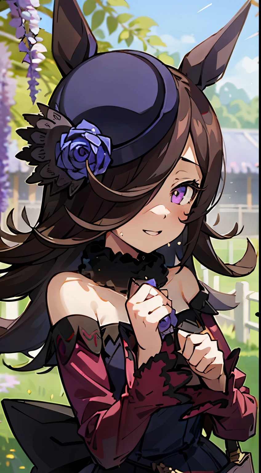 RiceShower(Umamusume),1girl in,wisteria trellis,A clear day,angle of view bust up,Smile,