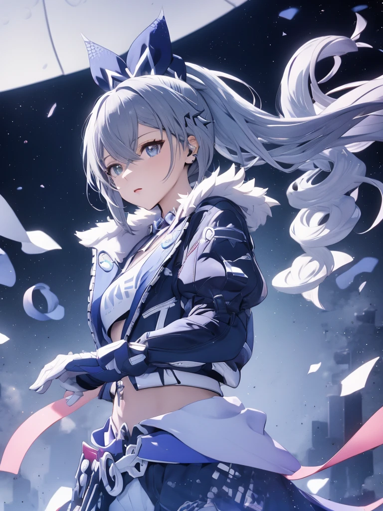 sliver wolf /(honkai:star rail/), grey hair(drill ponytail), fur trim jacket, sunglasses (piercing gaze)(cold expression), beautiful face, beautiful eyes, ultra hd, high resolution, best quality, 8k, top quality, Anime character, game character, girls, video game, silver wolf, honkaistarrail